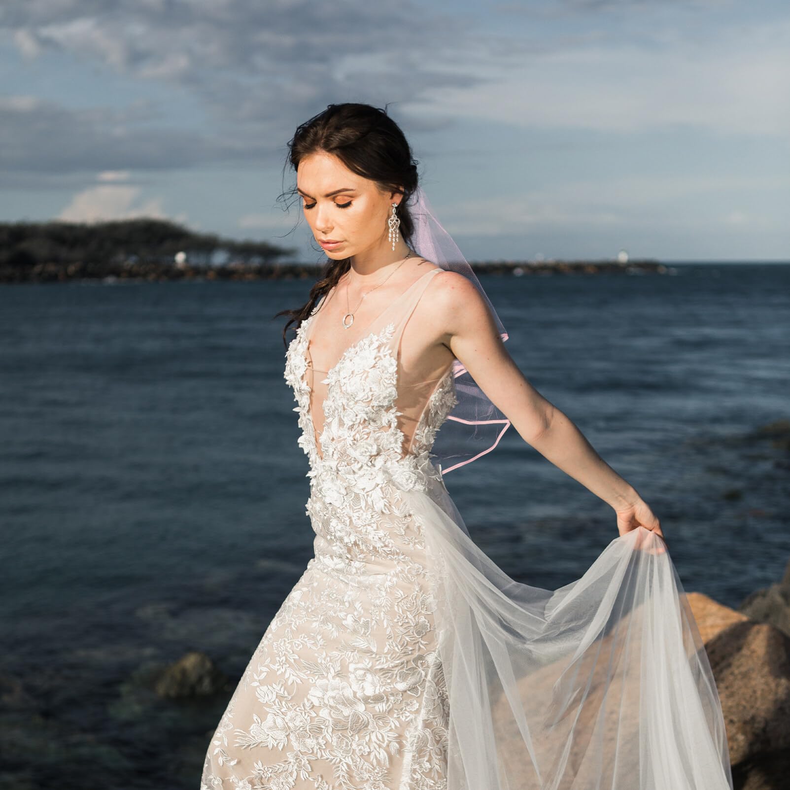 Velo Da Sposa In Tulle Con Doppio Strato Lunghezza Media Ricamato In Pizzo Rebrode Sullorlo Colore Blu 2