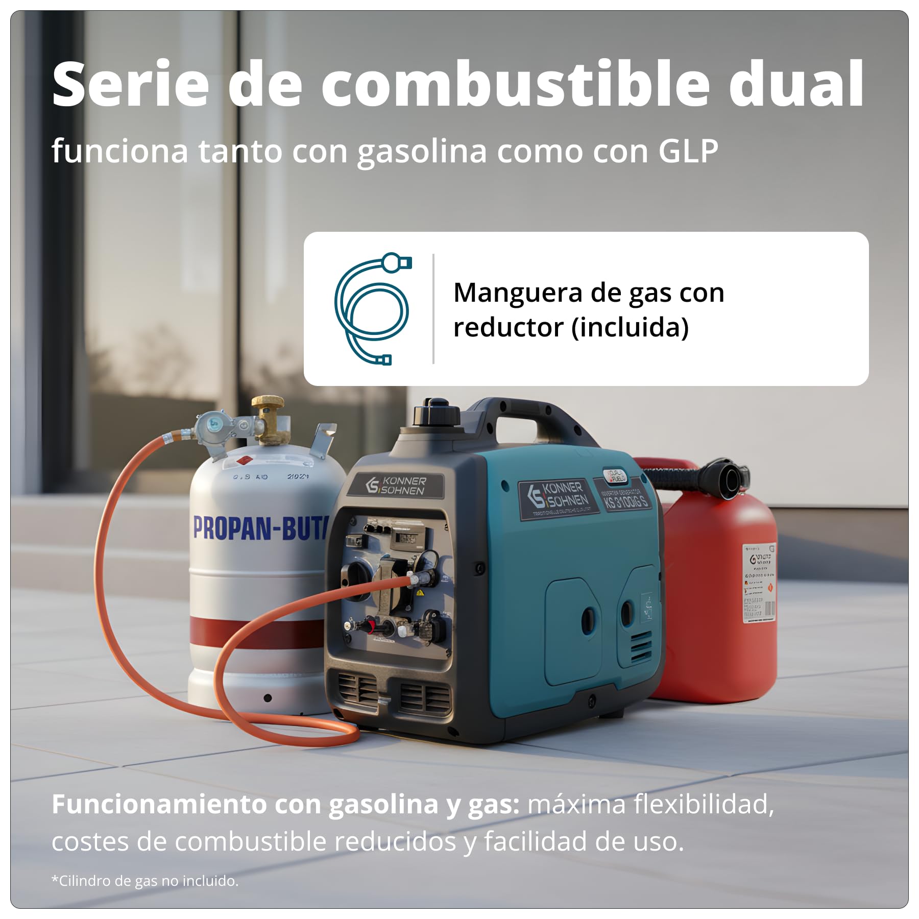 Generador de gas LPG/gasolina KS 3100iG S de Könner & Sönnen. Generador de corriente de emergencia 3100 W, toma Schuko de 230 V, 2 puertos USB, indicador LED, modo ECO, generador de energía EURO V.