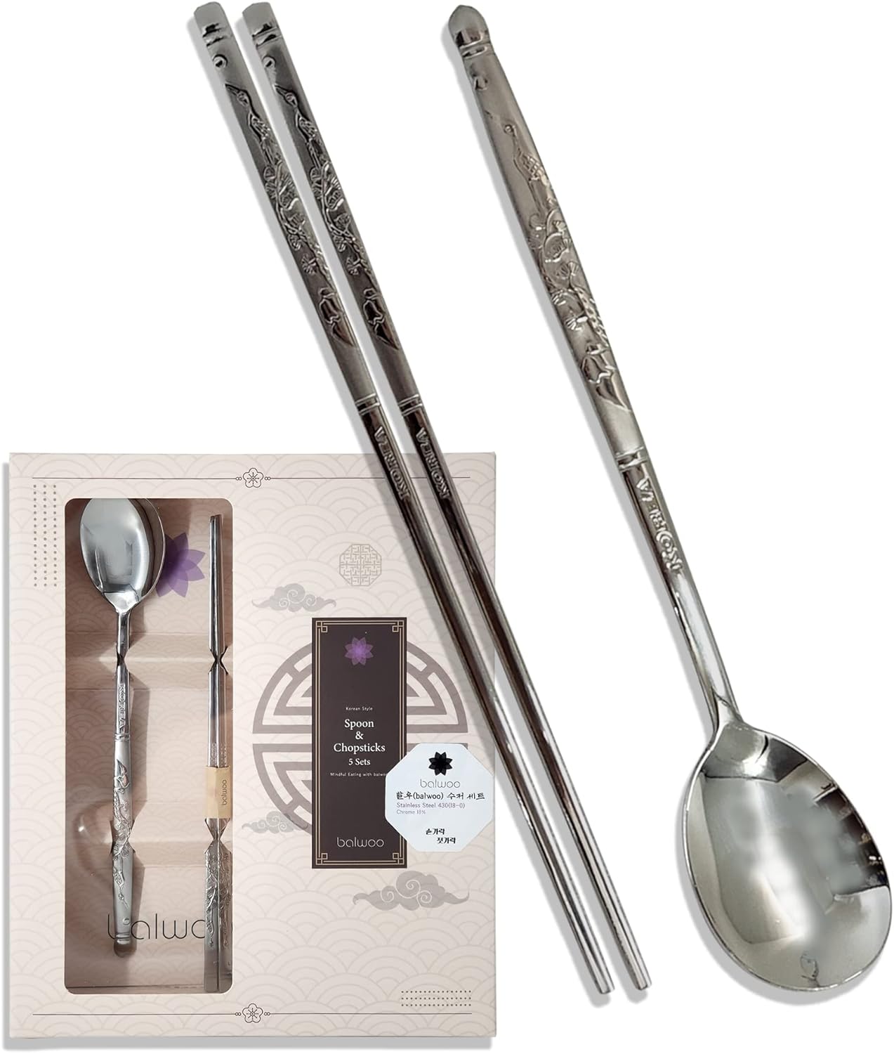 5 Sets Crane Engraving Design Korean Table Sticky Rice Spoon and Chopsticks Mukbang Cutlery 430 Stainless Steel