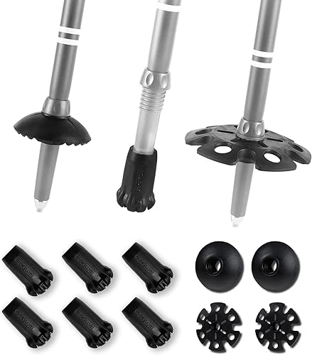TREKOLOGY Juego de puntas de bastón de trekking - Kit de 10 piezas con 6 puntas de goma para bastón, 2 cestas de barro y 2 cestas de nieve, puntas