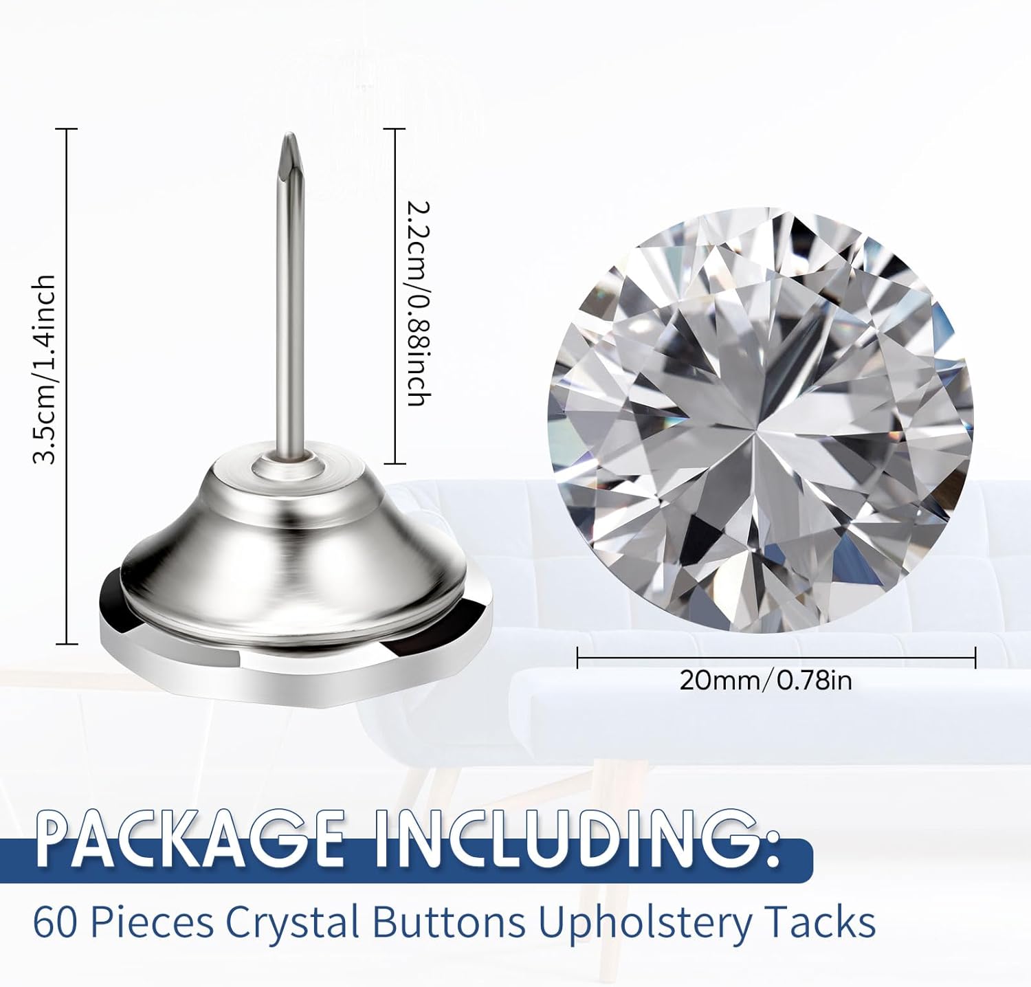 Ripeng 60 Pcs Crystal Upholstery Buttons Diamond Pins Upholstery Headboard Nails Tacks Decorative Push Pins Clear Crystal Head Thumb for Furniture Christmas DIY Sofa Headboards Cork Board Decor(20 mm)