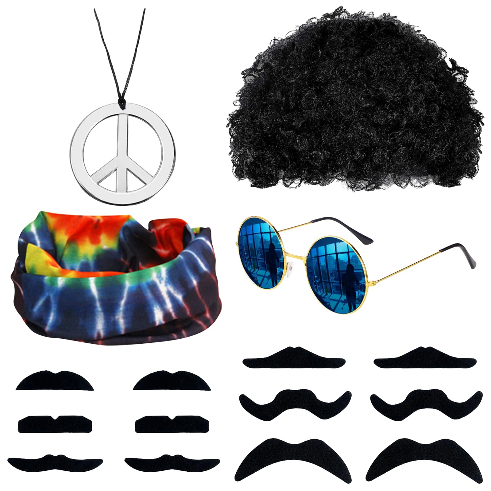 JSTHHTT Hippie Costume Set, Hippie Costume Accessories, Hippie Wig Set, Hippie Wig Sunglasses, Peace Sign Necklace, Moustache