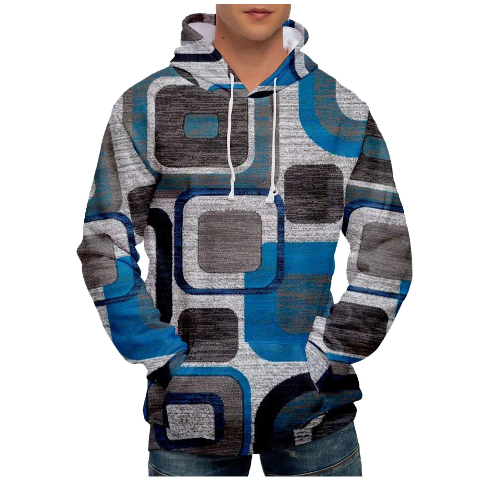 Hoodies for Men, Men Warm Oversize Trendy Print Sweatshirt Long Sleeve Drawstring Pullover Hooded Sweatshirts with Pocket Mens Hooded Sweatshirt Comfy Hoodie Pullover Men Sweatshirt Pullover