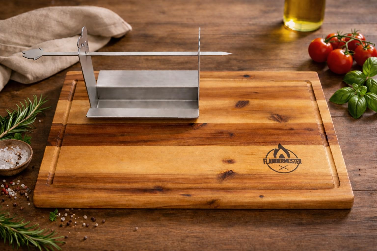 Flambiergrill Tischgrill mit Edelstahlwanne & Akazienholzbrett – Indoor & Outdoor Grill mit Rum – Made in Germany – Geschenkidee für Grillfans, Balkon & Kamin, BBQ, Minigrill