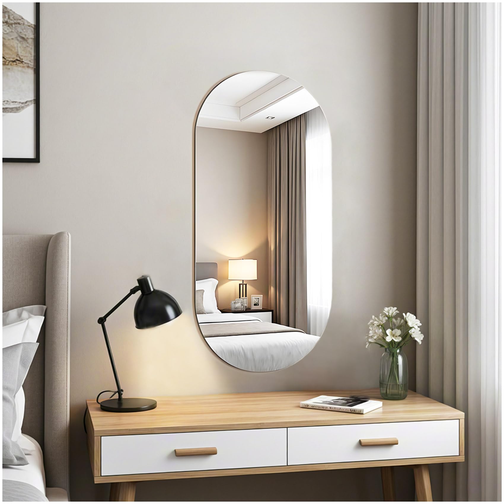 Specchio da Parete Ovale 30 x 60 cm Senza Cornice Specchio Ovale Moderno Specchio da Parete Grande Decorativo per Bagno Ingresso Soggiorno | Specchio da parete ad arco rotondo, senza cornice, per bagno, camera da letto, ingresso, soggiorno