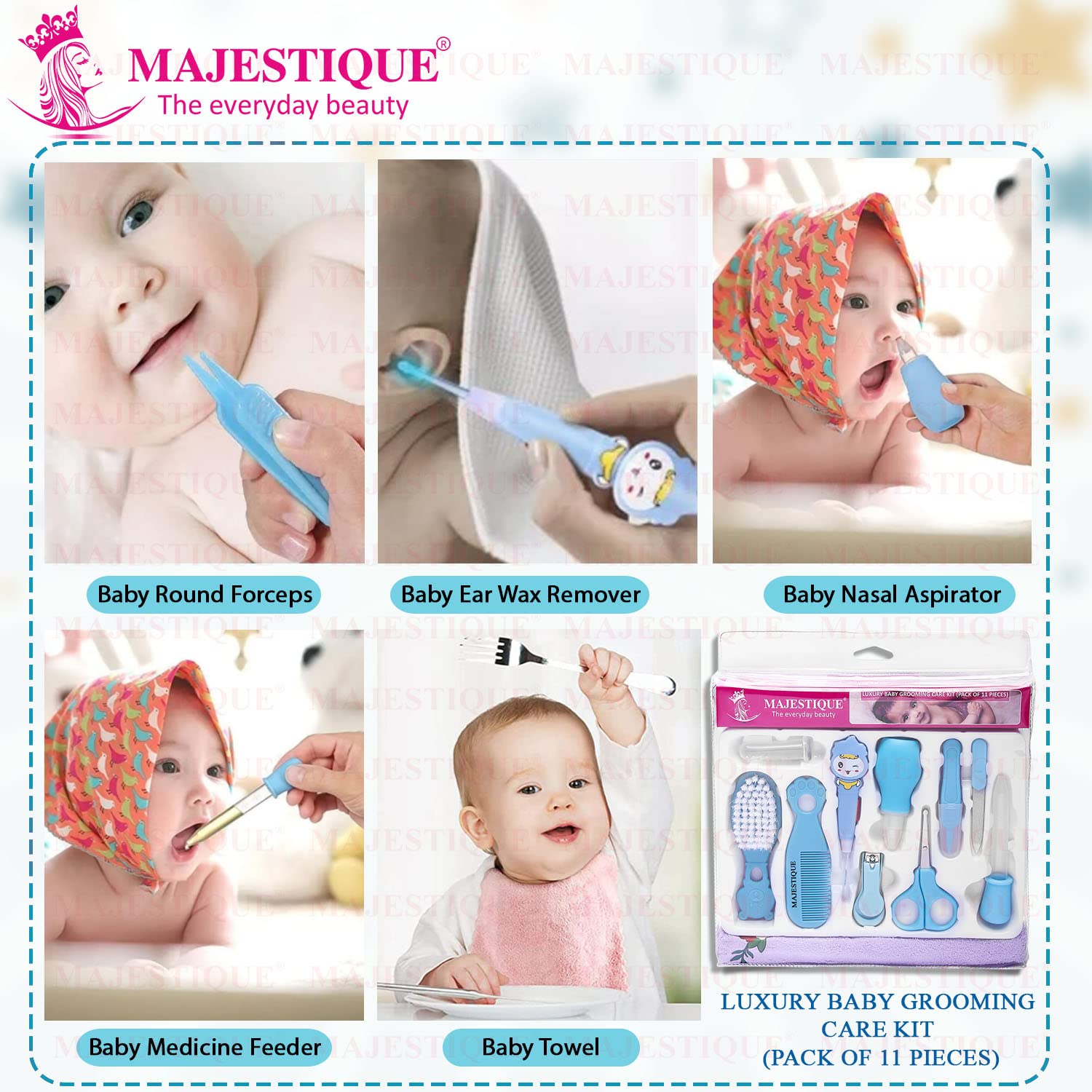 Majestique Portable Baby Care Kit- Nursery Healthcare & Grooming Set for New Born Babies Grooming Set and Toddlers - Perfect for Manicure Bath Accessories (11Pcs_Pro_Blue) 3