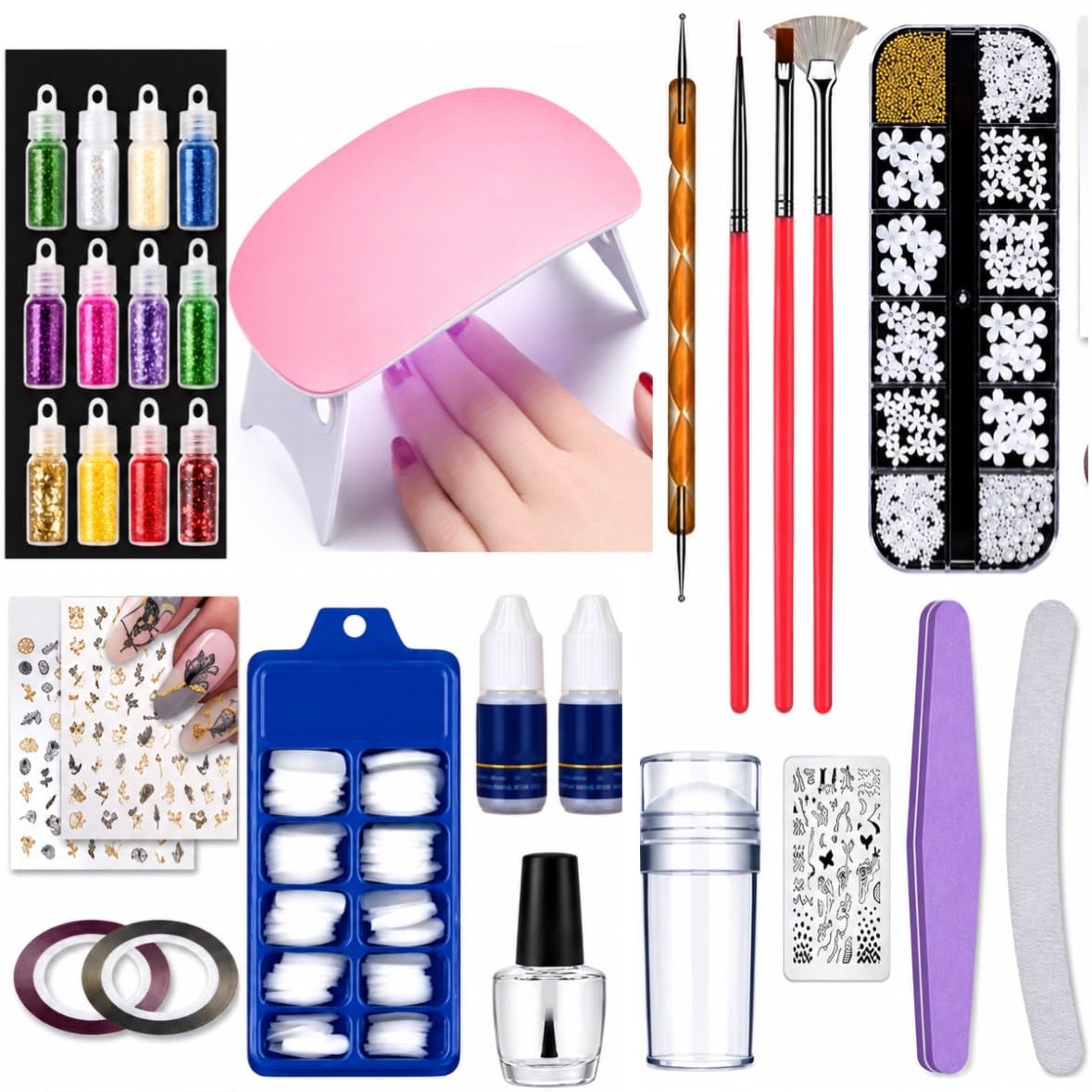 185 Pcs Professional DIY Nail Art Kit with UV LED Nail Lamp, False Nail Tips, Nail Glue, Top Coat, Glitter Powder, Nail Stickers, French Nail Stamper & Nail Decoration Accessories Set-image-5