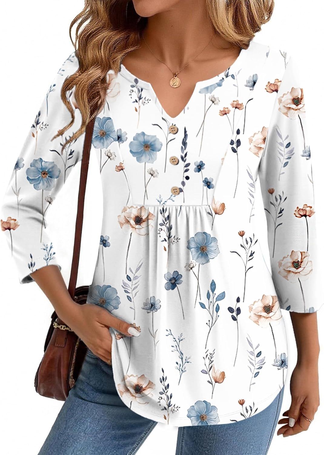 Zeagoo Womens 3/4 Length Sleeve Tops V Neck Dressy Casual T Shirts Pleated Business Work Blouses Basic Tees S-3XL