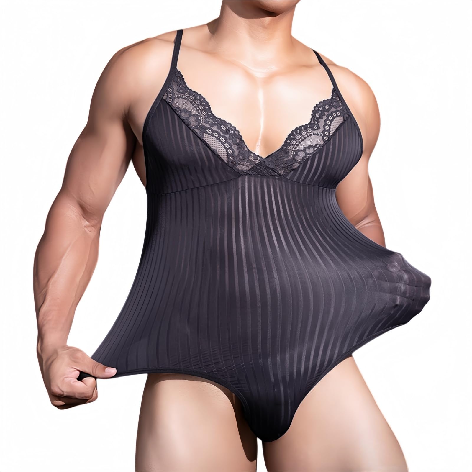 DUOYIJIN Men's Sleeveless Leotard Bodysuit with Lace Trim See Through Striped One Piece Jumpsuits Undershirt Mens Lingerie Bodysuits Sheer Mesh Wrestling Singlet Party Clubwear Nightwear, Black
