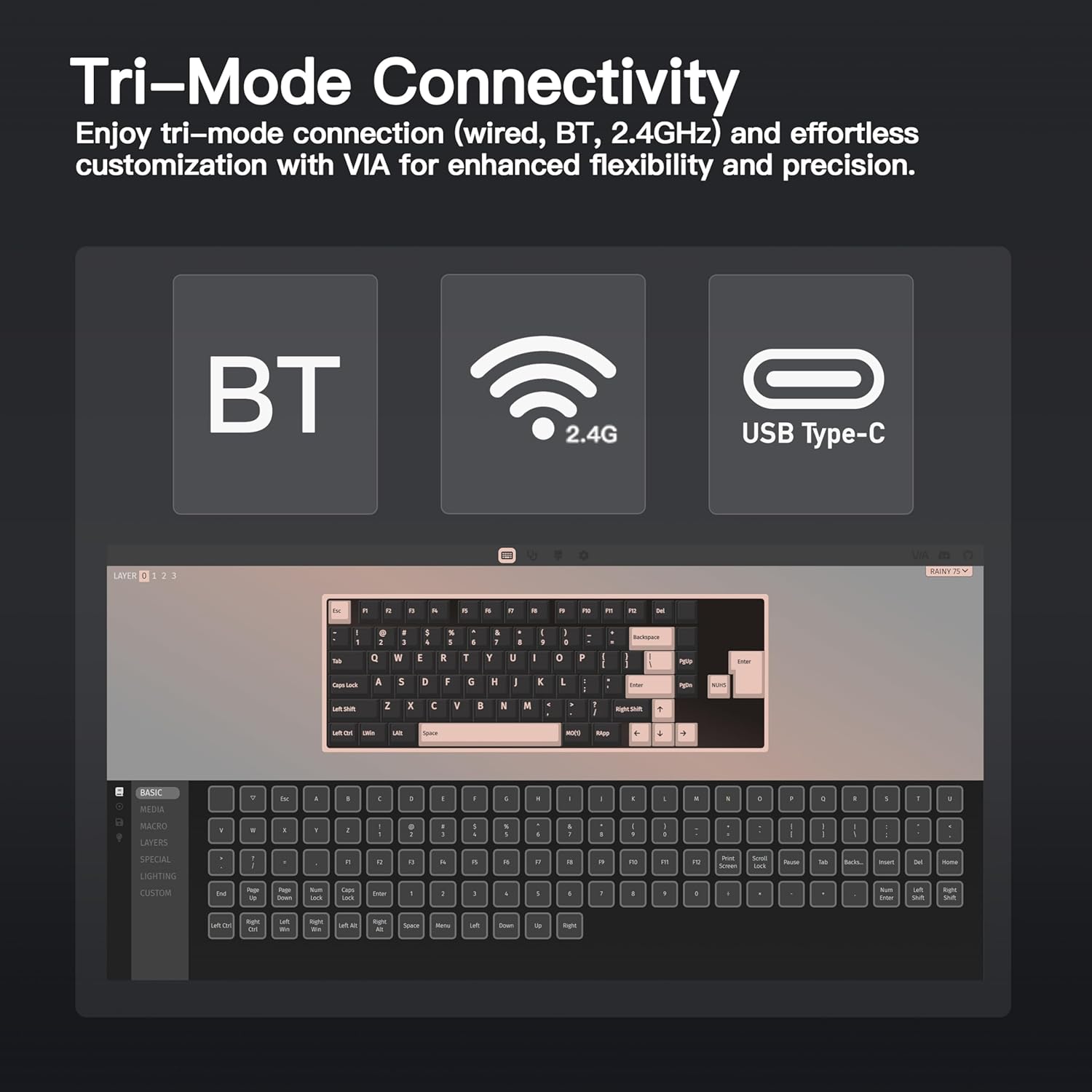 KEEBMONKEY WOBKEY Rainy 75 CNC Aluminum HMX/JWK/Cocoa Switches Triple-Mode Connectivity Mechanical Keyboard with Superior Acoustics, RGB/FR4/Silver SUS304/7000mAh/Cocoa Switch (Pro - Black)