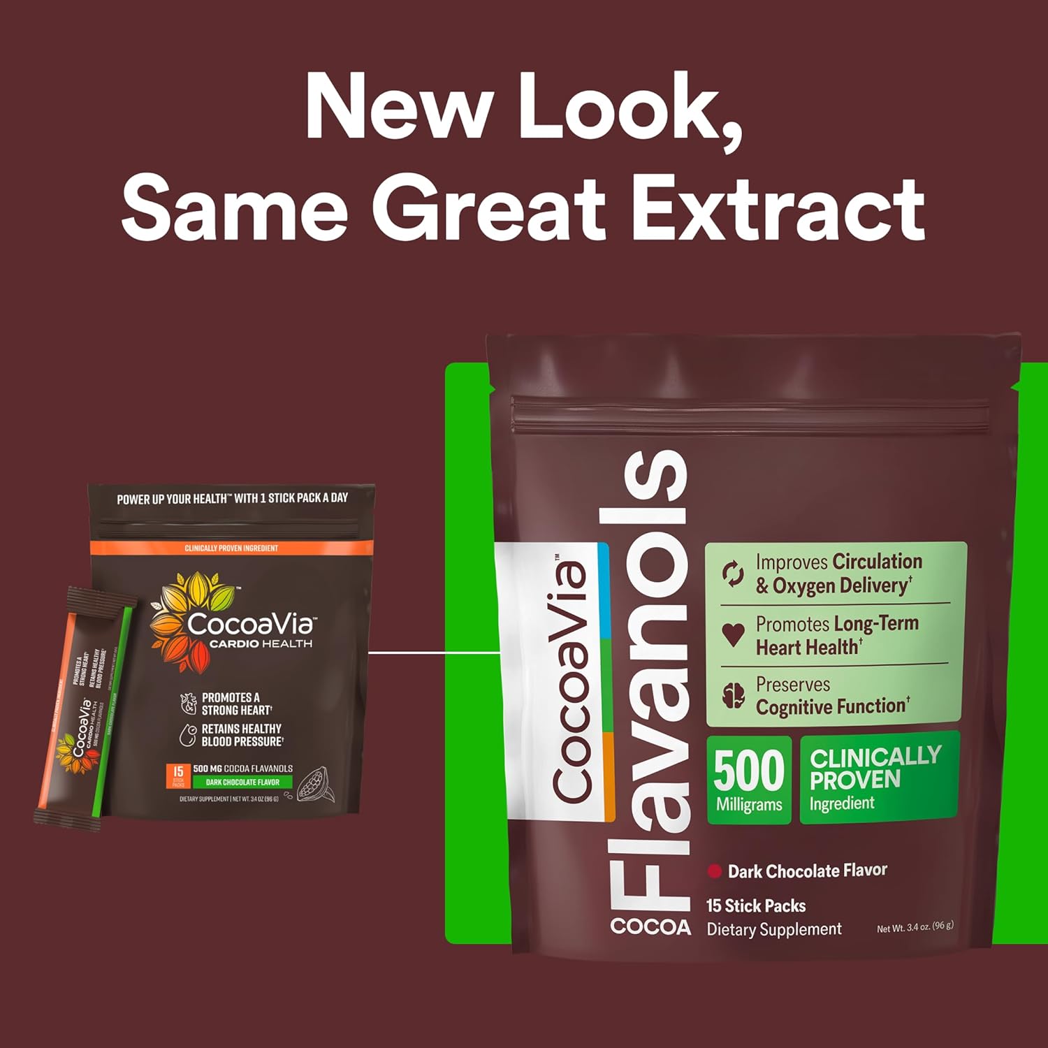 CocoaVia Cocoa Flavanols 500mg, High Flavanol Cocoa Powder, Support Heart and Brain Health, Boosts Nitric Oxide, Circulation, Preworkout, Travel-Friendly, Vegan, Dark Chocolate, 15 Single Serve Sticks