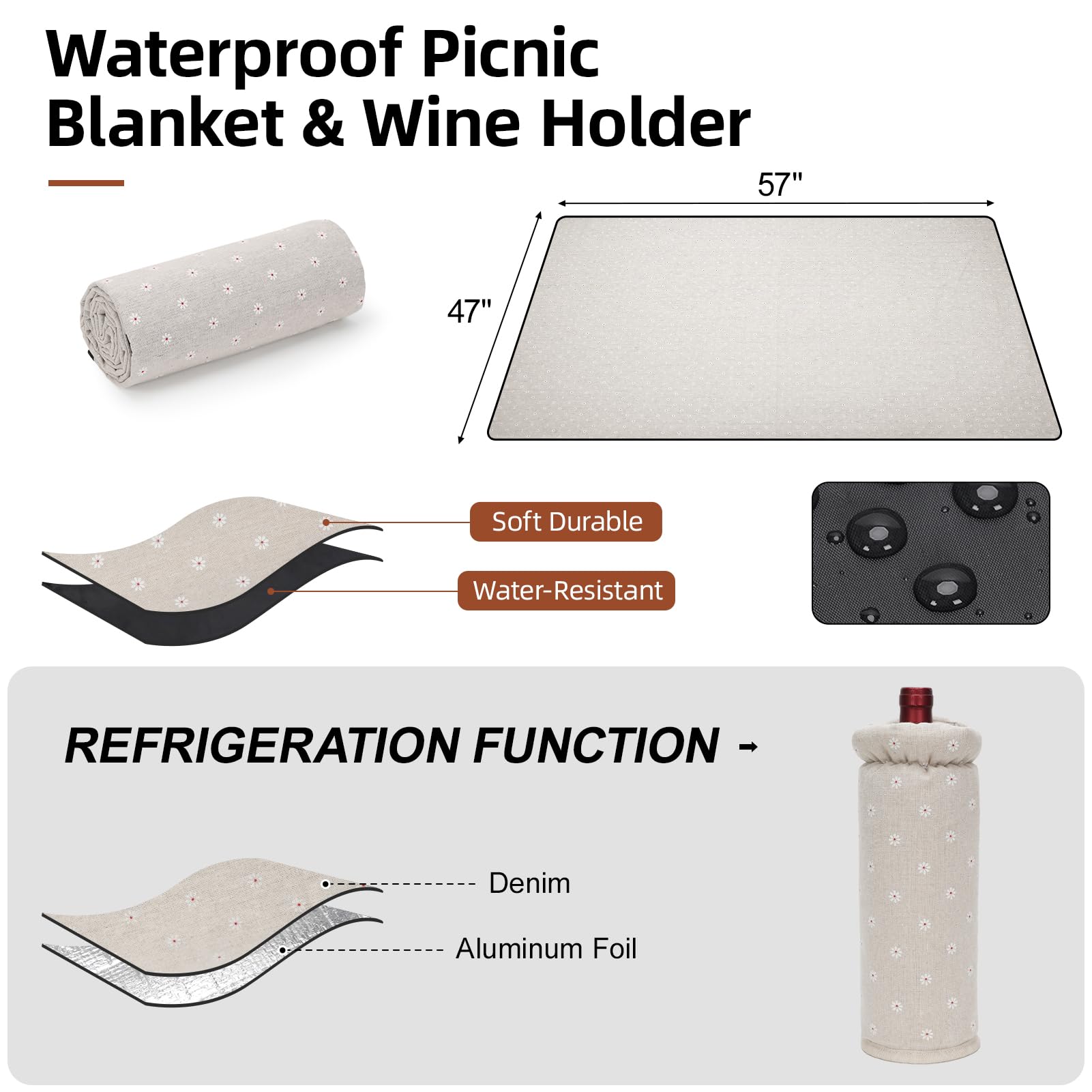 G GOOD GAIN Picknickkorb für 4 Personen – Weiden-Picknick-Set mit wasserdichter Decke und Weintasche, großer Picknickkorb mit isoliertem Kühler und Besteck-Set für Paare, Camping, weiße Blume, 40,6 x