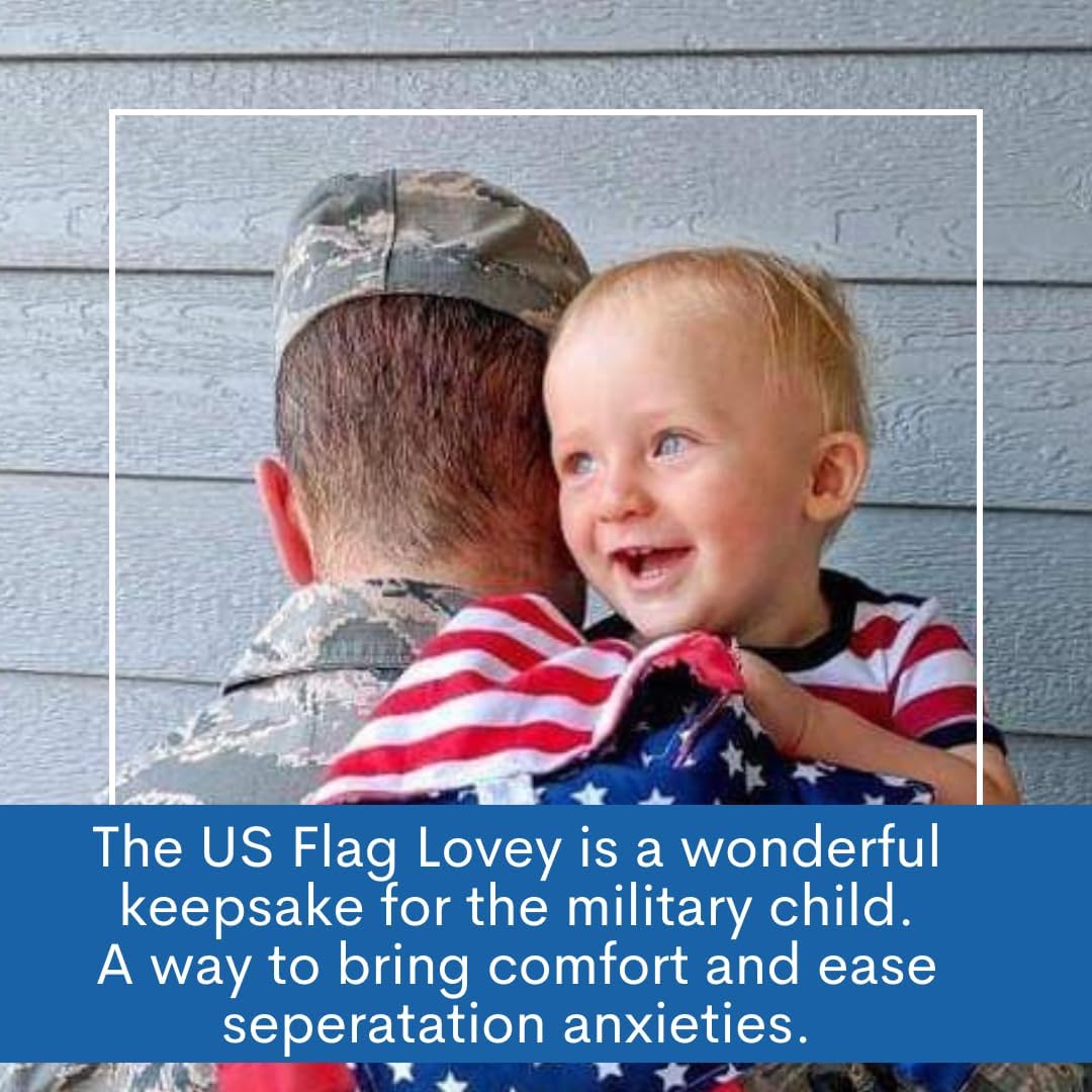 Baby Jack & Co 8x8” American Flag Lovey Patriotic Tag Toy - Crinkle Toys for Development of Five Senses - Soft & Safe - God Bless America - Military Child - BPA Free Clip for Stroller Toy
