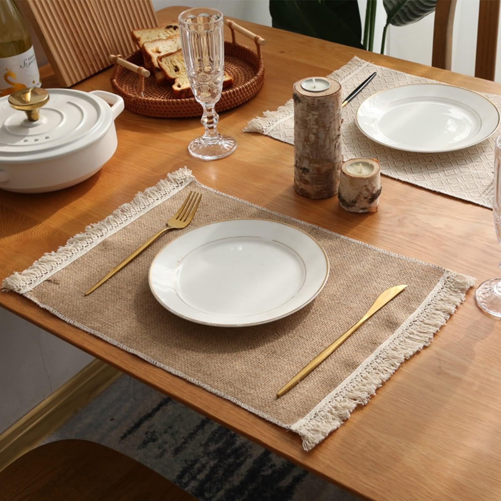 10er Set Platzset Weihnachten Edel, Tisch Untersetzer Braun 30x45cm Einfarbig mit Quaste Baumwoll Leinen