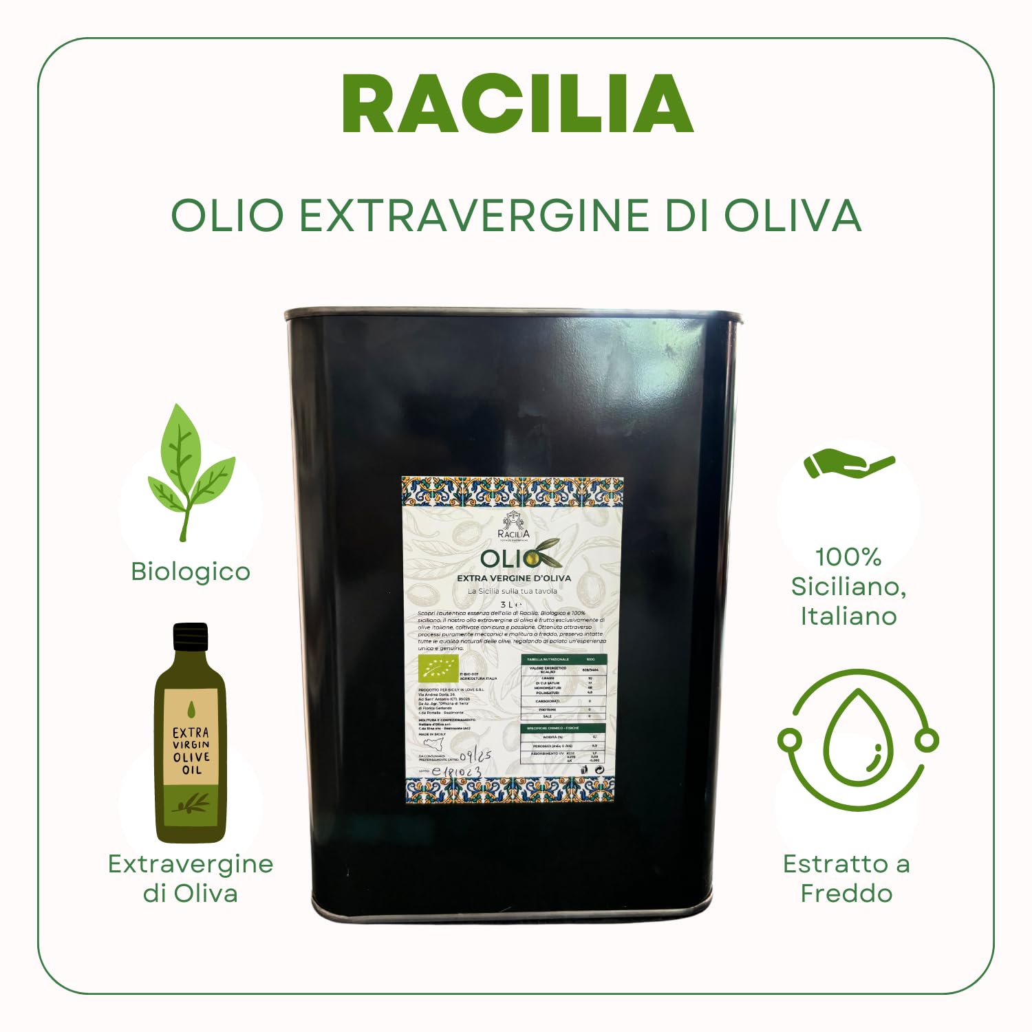 RACILIA Organiczna oliwa z oliwek 3L tłoczona na zimno - organiczna z Włoch Extra Virgin Sycylijska dziewica ekstrahowana na zimno | 100% Włoskie 3 Litry w Puszkach, Kuchnia Polska - Idealny Wybór