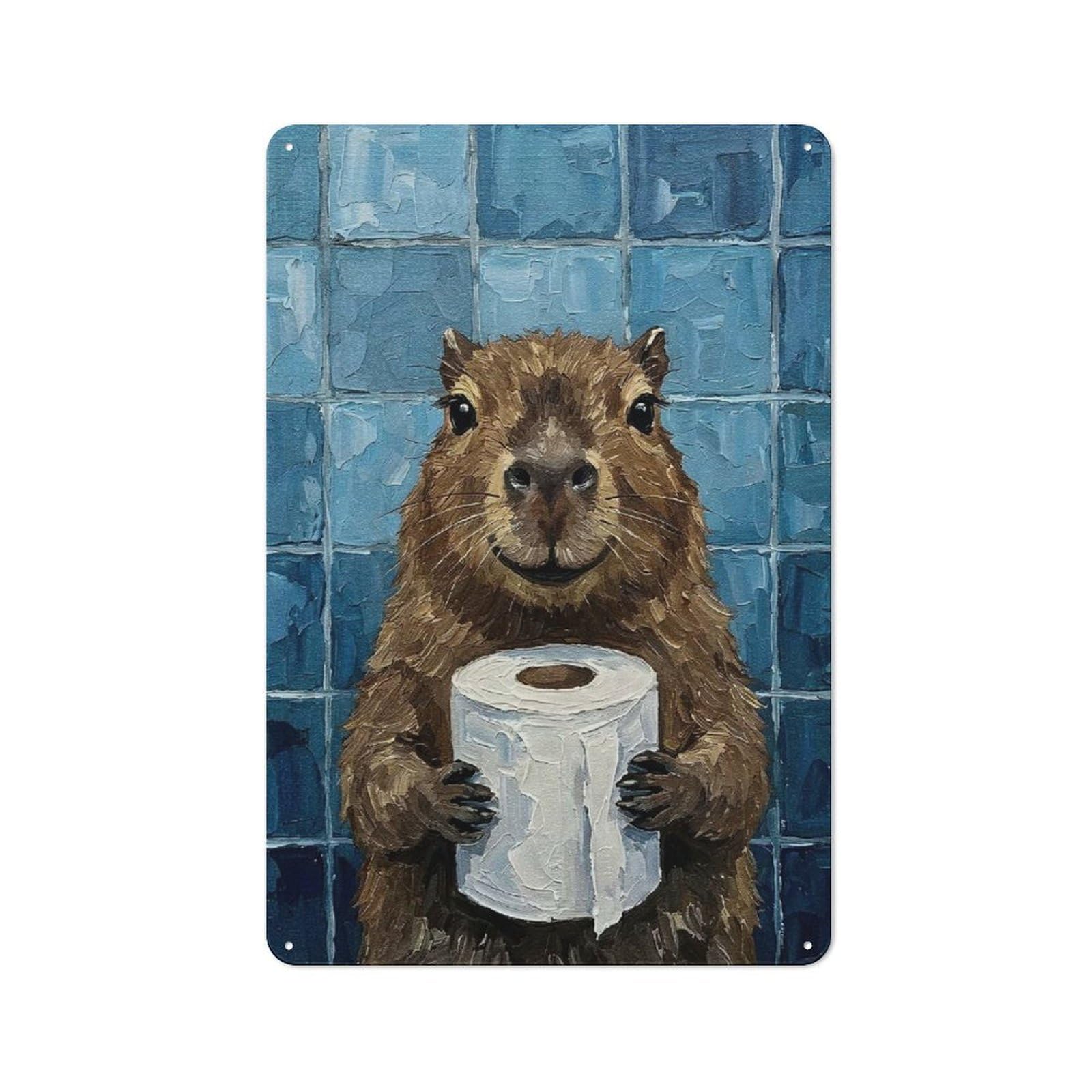 Capybara with Toilet Paper Painting Printed Metal Sign 30x20cm for Café Or Home Bar, for Kitchen And Home Bar Decor, for Cafés, Pubs And Restaurants