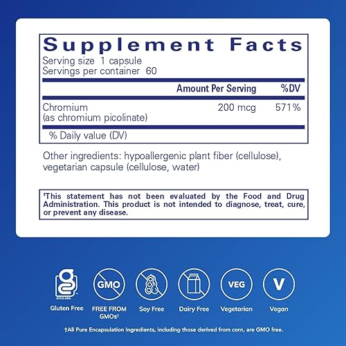 Vista 2 de Pure Encapsulations Cromo (picolinato) 200 mcg Suplemento hipoalergénico para el metabolismo saludable de lípidos y carbohidratos 60 cápsulas