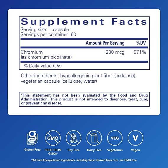 Pure Encapsulations Chromium (Picolinate) 200 mcg, 60 Capsules | Hypoallergenic Supplement for Healthy Lipid and Carbohydrate Metabolism Support*