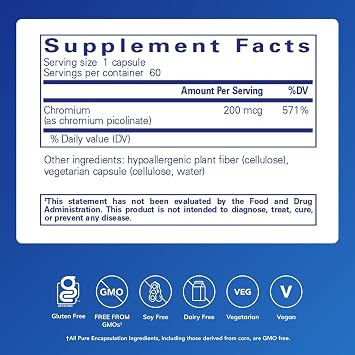 Pure Encapsulations Chromium (Picolinate) 200 mcg, 60 Capsules | Hypoallergenic Supplement for Healthy Lipid and Carbohydrate Metabolism Support*
