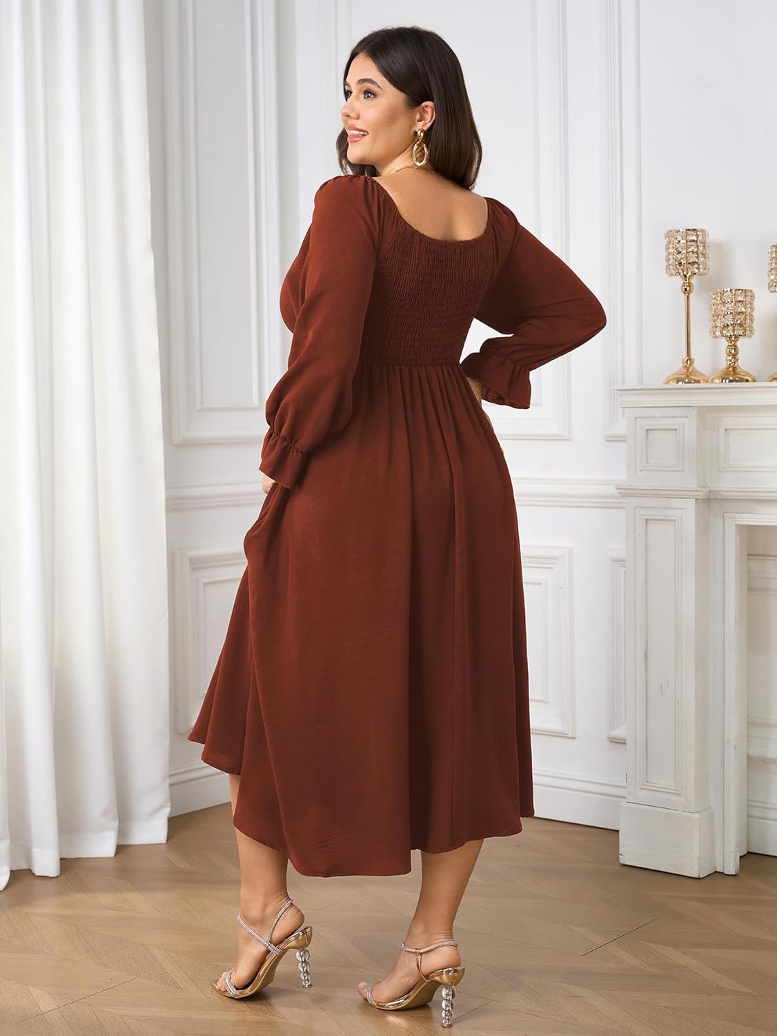 Women's Plus Size Milkmaid Dress Long Sleeve Square Neck Dress A-Line Flowy Maxi Wedding Guest Cocktail Formal Dresses - Image 6