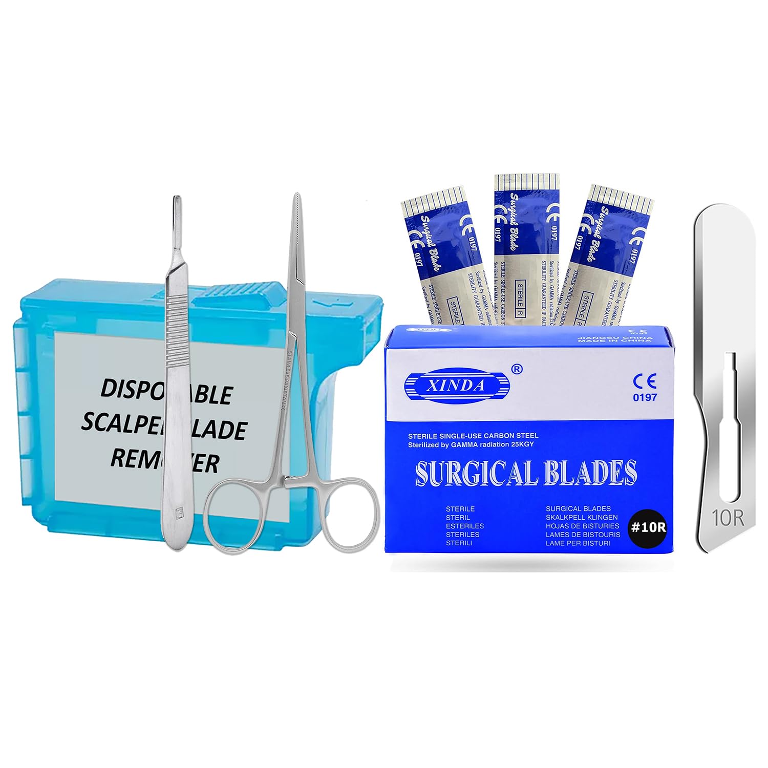 Dermaplaning Kit Includes: 10R Dermaplaning Blades (100pcs) with Scalpel Handle #3, Scalpel Blade Remover Box, Hemostat Forceps, for Skincare Treatments