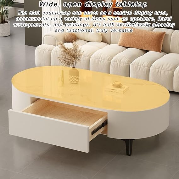 Oval Coffee Table with Sintered Stone Top, Modern Center Table Accent Cocktail Table with 1 Drawer & Sturdy Metal Legs for Living Room, Bedroom, Apartment(130x60x39cm(51x24x15), Gray)