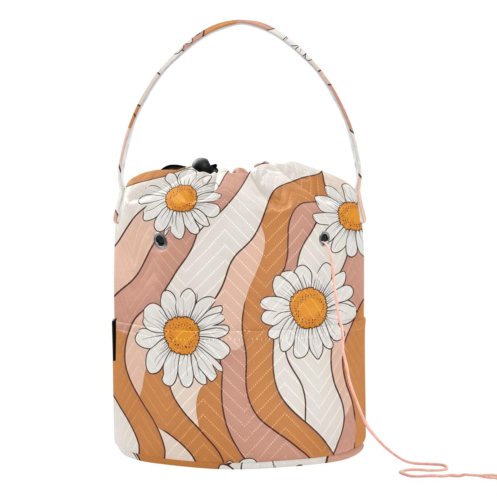 Yarn Storage Bag Small Crochet Bag Knitting Bag Organizer Orange White Striped Daisy Yarn Bags for Crocheting Basket