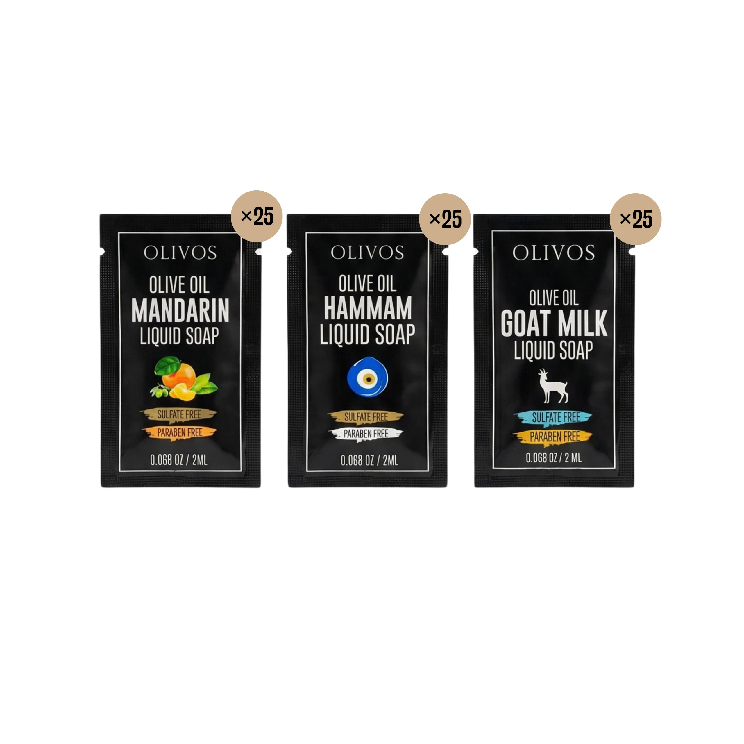 OLIVOS Tek Kullanımlık Zeytinyağlı Sıvı Sabun Seti, 2 ml x 75 Adet, Mandalina Hamam Keçi Sütü Serileri, Okul Seyahat Otel için, Paraben ve Sülfat İçermez, El Temizliği