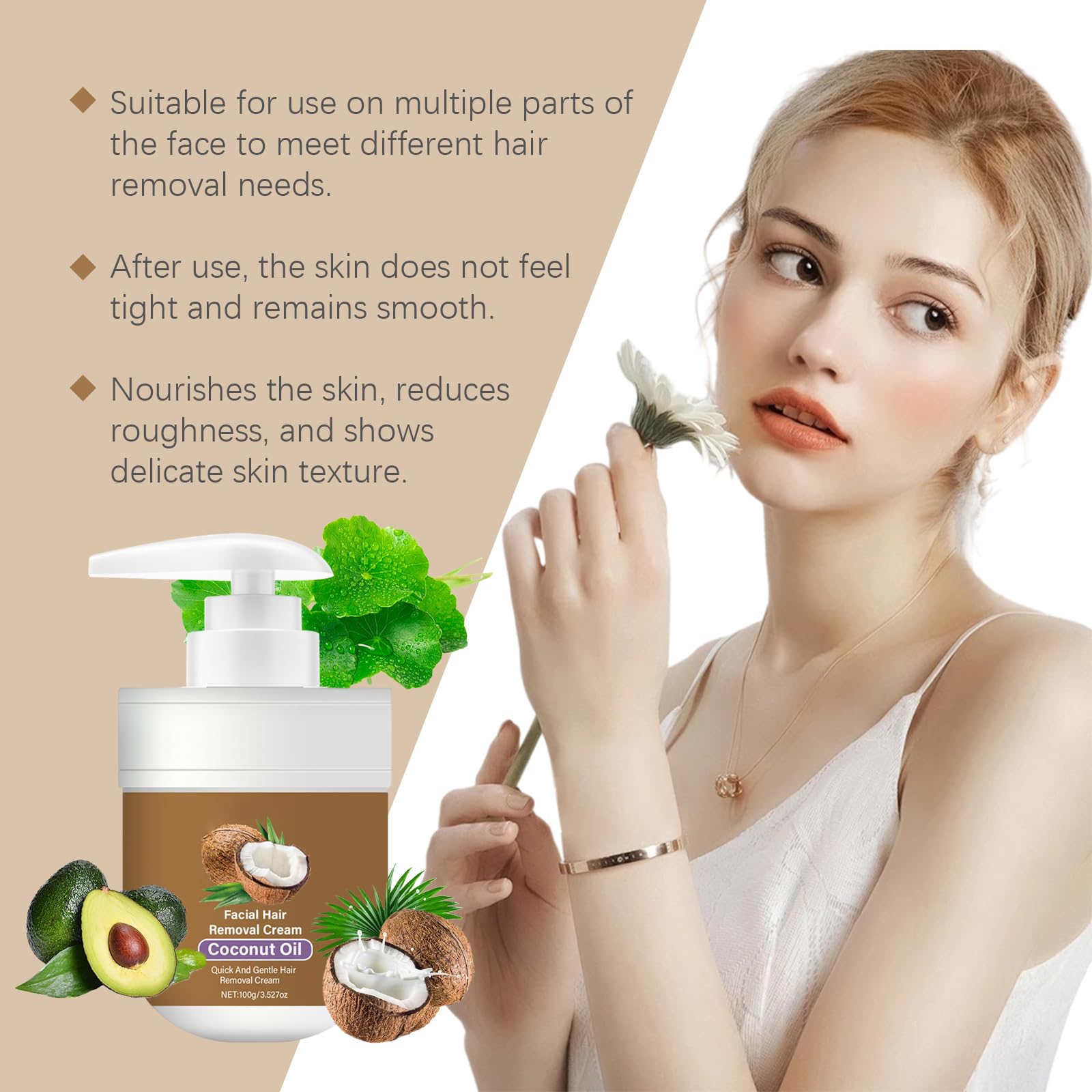 Crema Depilatoria Al Cocco Per Il Viso Da Donna, Crema depilatoria viso all'olio di cocco, per donne e uomini, labbro superiore, mento e guance, 100g (2pcs)