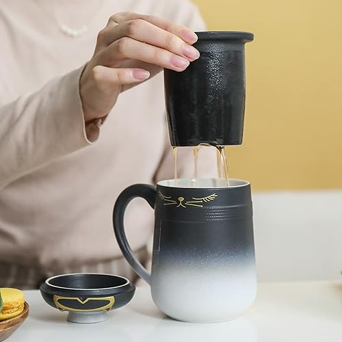 Miniatura 4 de TEANAGOO Taza infusora de té de cerámica para gatos con tapa, 15.6 fl oz  16 onzas, degradado de negro a blanco, juego de tazas de té japonesas