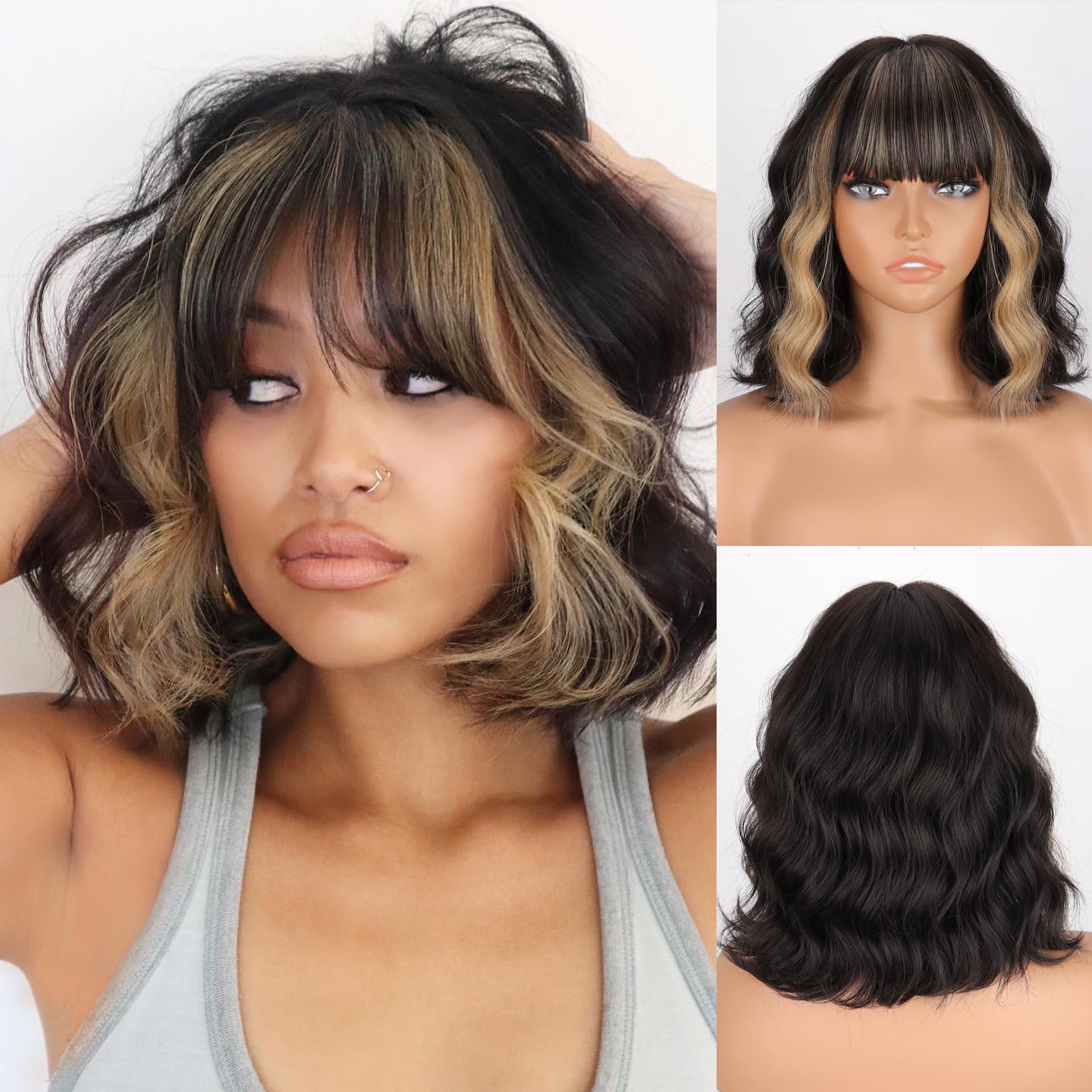 MISSQUEEN Black Blonde Wig with Bangs Short Highlights Curly Wig Heat Resistant Synthetic Fibre Wigs for Women Girls Daily Party Holiday Festival