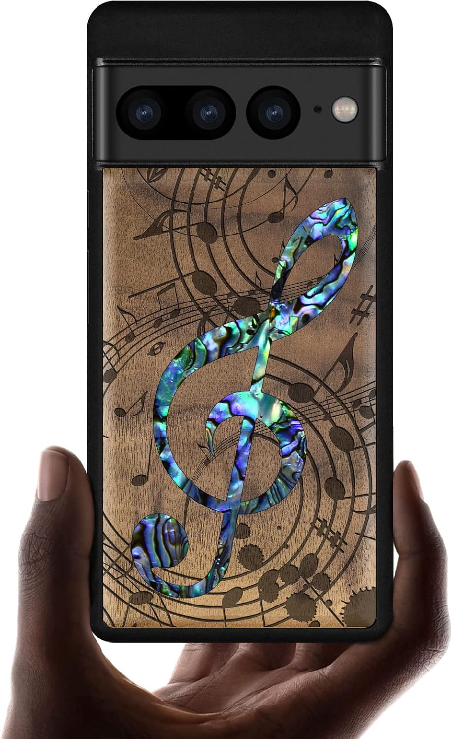 Carveit Designer Wooden Case for Google Pixel 7 Pro Case [Wood Engraving & Shell Inlay] Unique Wood Cover Compatible with Wireless Chargers Pixel 7 Pro (Musical Note-Blackwood)