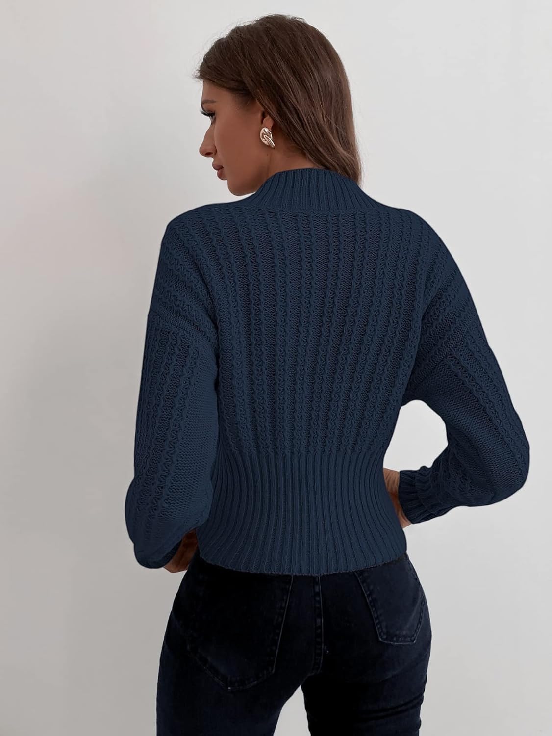 Women's Sweater Solid Neck Wrap Drop Shoulder Sweater Sweater for Women (Color : Navy Blue, Size : Small)