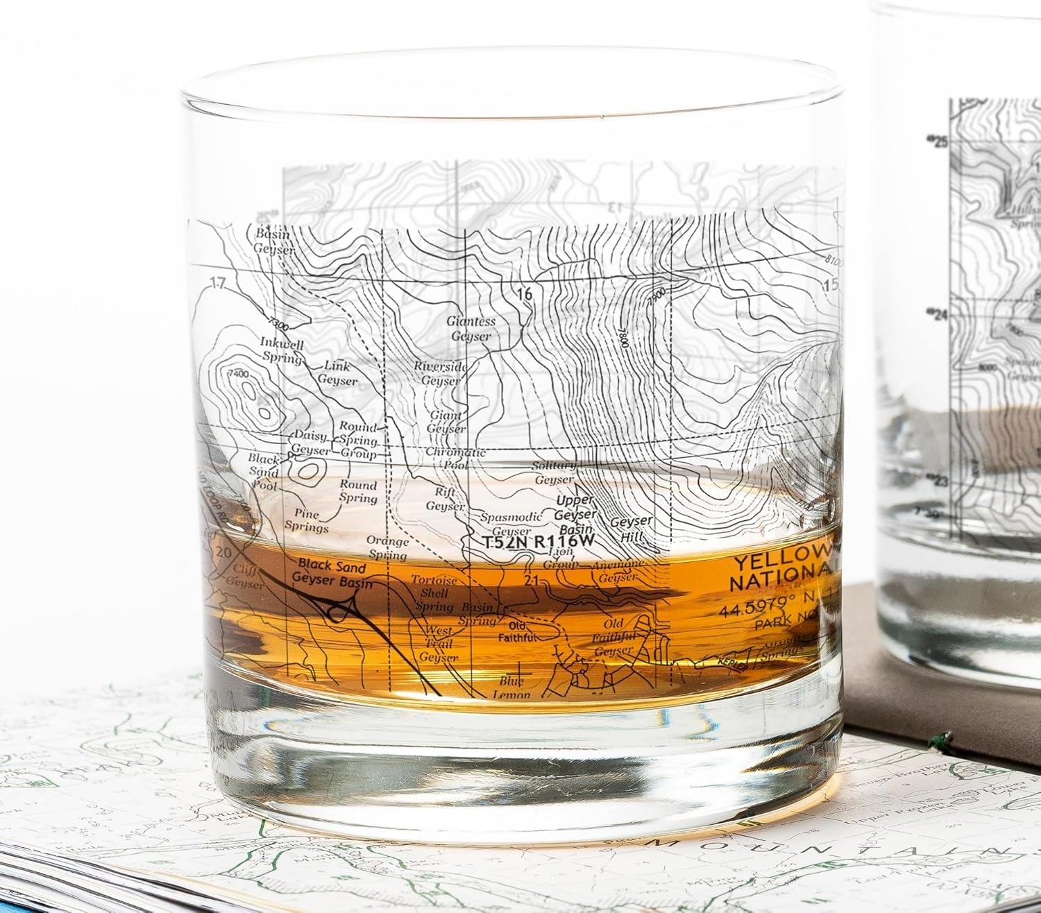 Acadia National Park Whiskey Glass Set of 2-11oz. Heavy Base Rock Glasses with Topographic Map and Gift Box