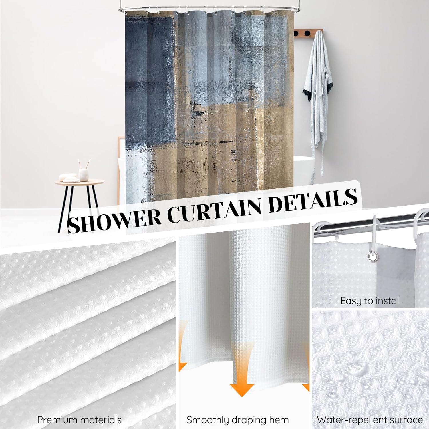 Lnond Shower Curtain Set with Window Curtains, 3-Piece Bathroom Curtain Set, 72×72 Shower Curtain with 2 Matching 40 ×35 Window Panels, Navy Blue and Brown Geometric Modern Bathroom Decor