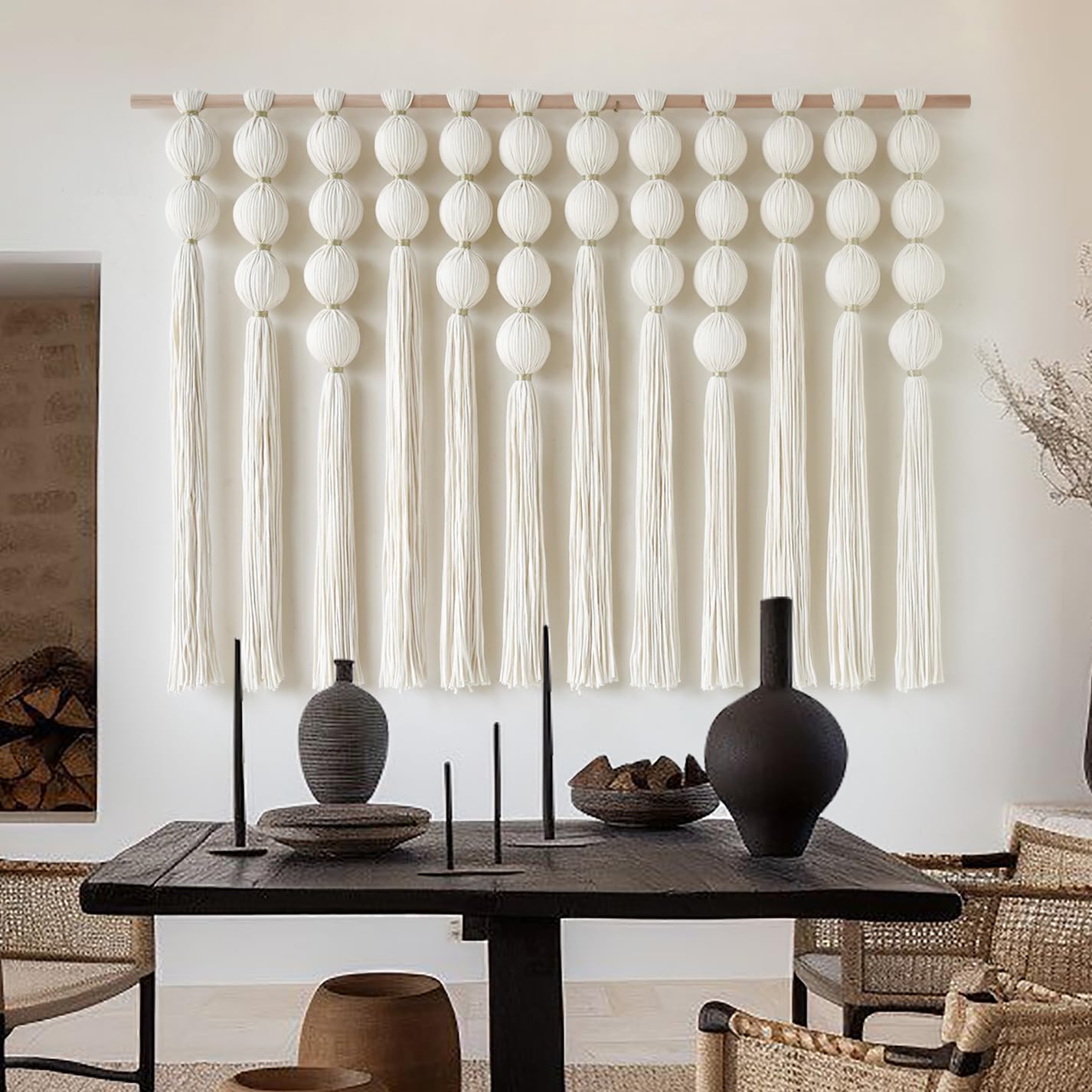 Makramee-Wandbehang, große Boho-Wanddekoration, handgefertigte Baumwollfaser-Wandkunst mit Quasten, moderner gewebter Wandteppich für Wohnzimmer Schlafzimmer, 119,4 cm B x 81,3 cm L