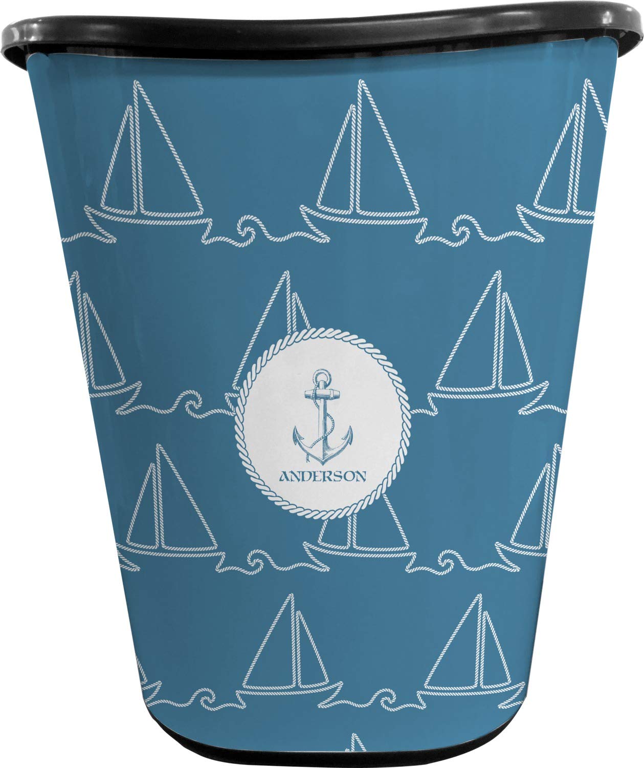 RNK Shops Personalized Rope Sail Boats Waste Basket - Double Sided (Black)