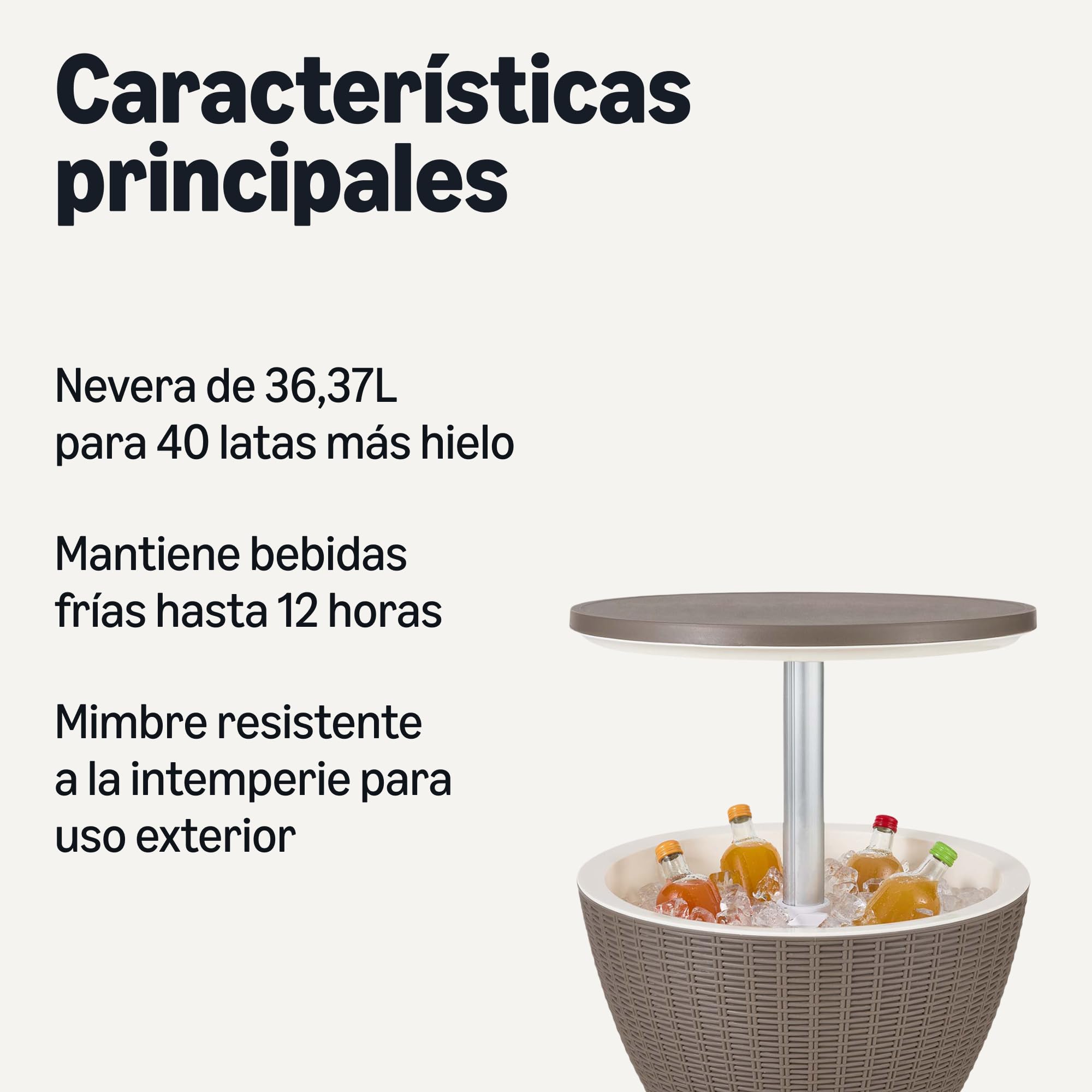 Amazon Basics Mesa Alta con Nevera de 29.8 litros para Exteriores, Estilo Mimbre, ‎48 x 48 x 57-82 cm, Marrón y blanco