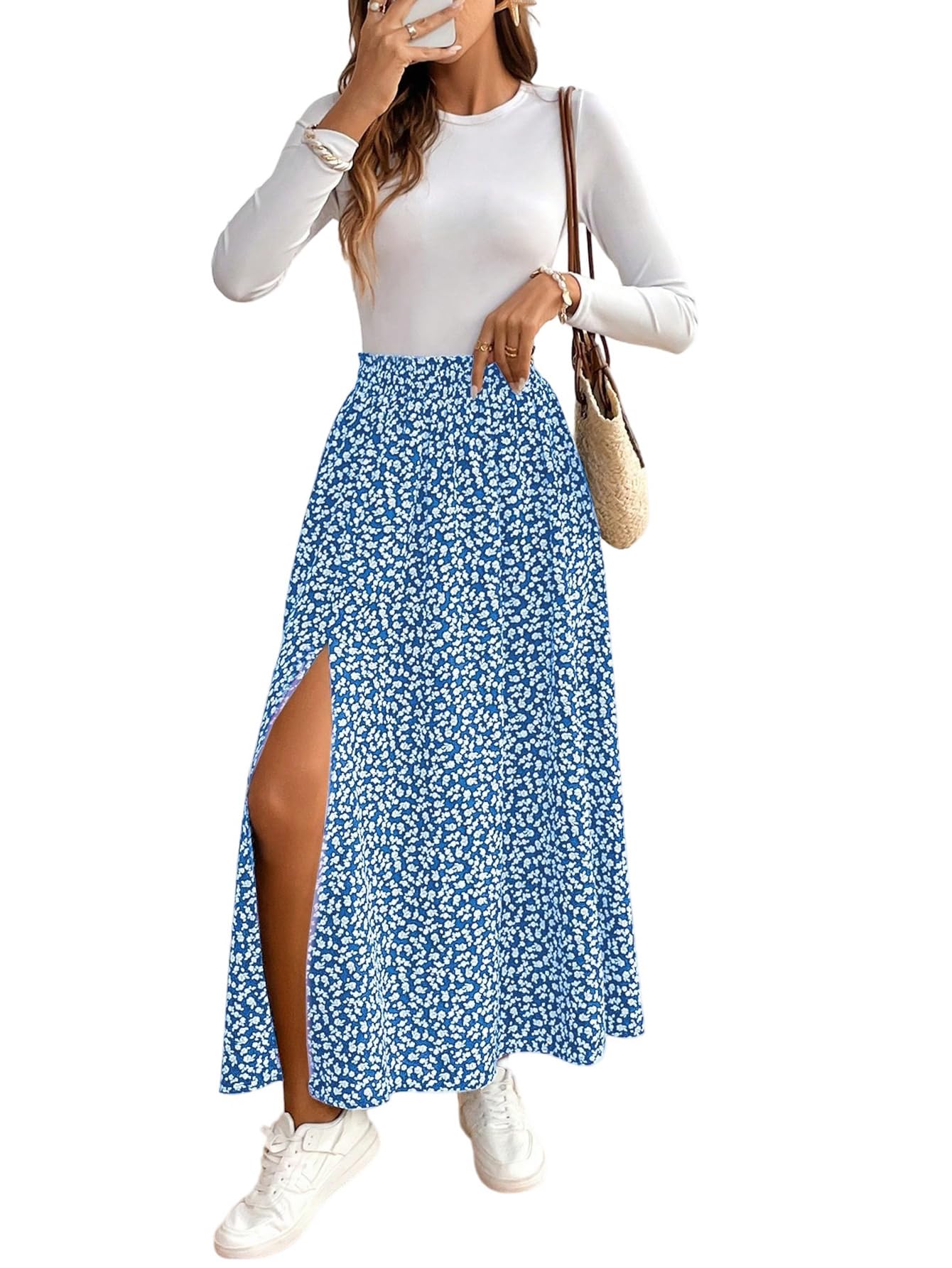 GORGLITTER Gonna lunga estiva boho midi con spacco motivo floreale, gonna a vita alta, gonna a fiori, casual, per il tempo libero, gonna da spiaggia