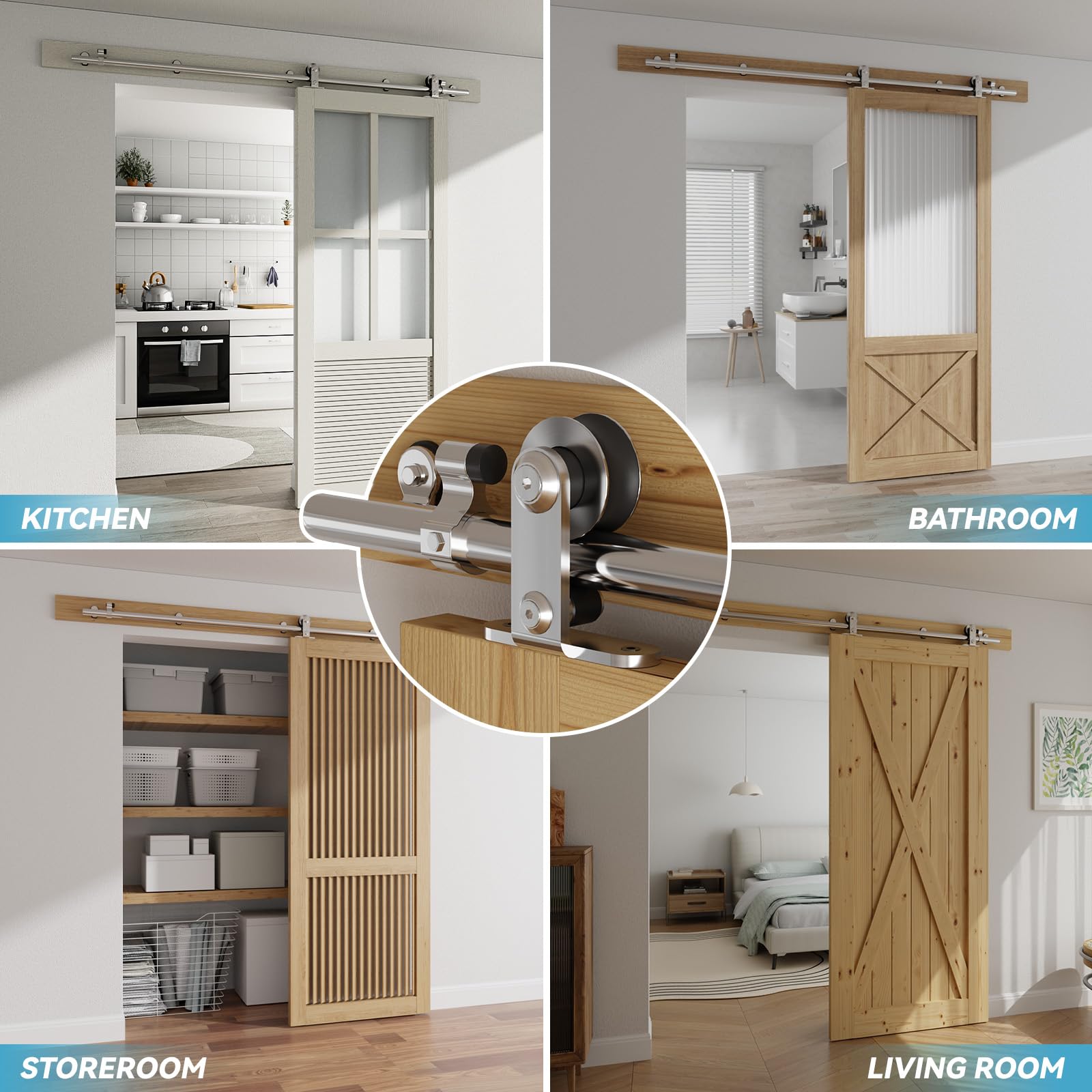 Rail Porte Coulissante Inox 200cm Kit Roulette Suspendue Systeme Noir pour 1 Porte Coulissante Interieur 100cm Large, Acier Inoxydable T Forme