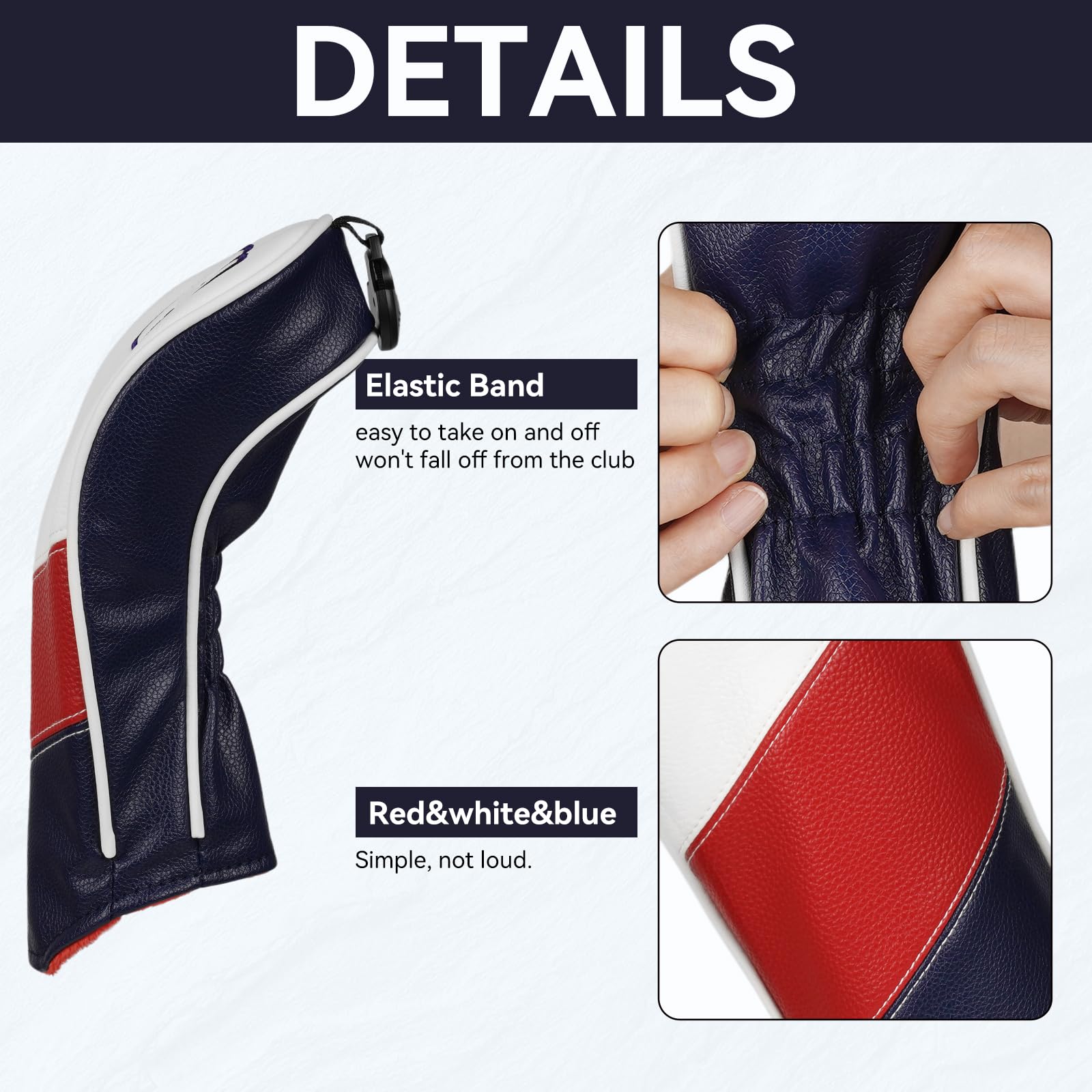Golfschlägerhauben aus Holz für Driver/Fairway/Hybrid/1FH Weiß & Rot & Blau PU-Leder Längere Version
