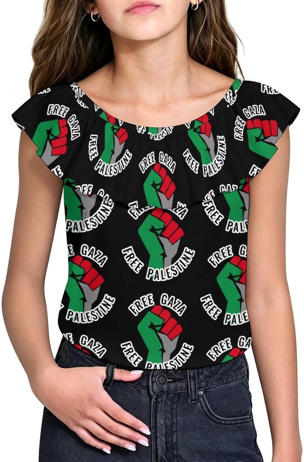 Free Gaza Free Palestine Girls T-Shirts Top Ruffle Short Sleeve Blouse Casual Graphic Tees