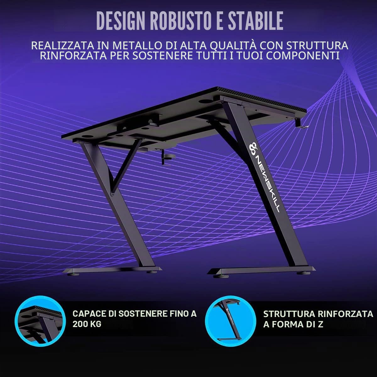 Newskill Belenor, tavolo da gioco ergonomico, 120x60x75cm, struttura in metallo, supporto per cuffie e bevande, struttura in carbonio, gestione dei cavi, fino a 200 kg, nero