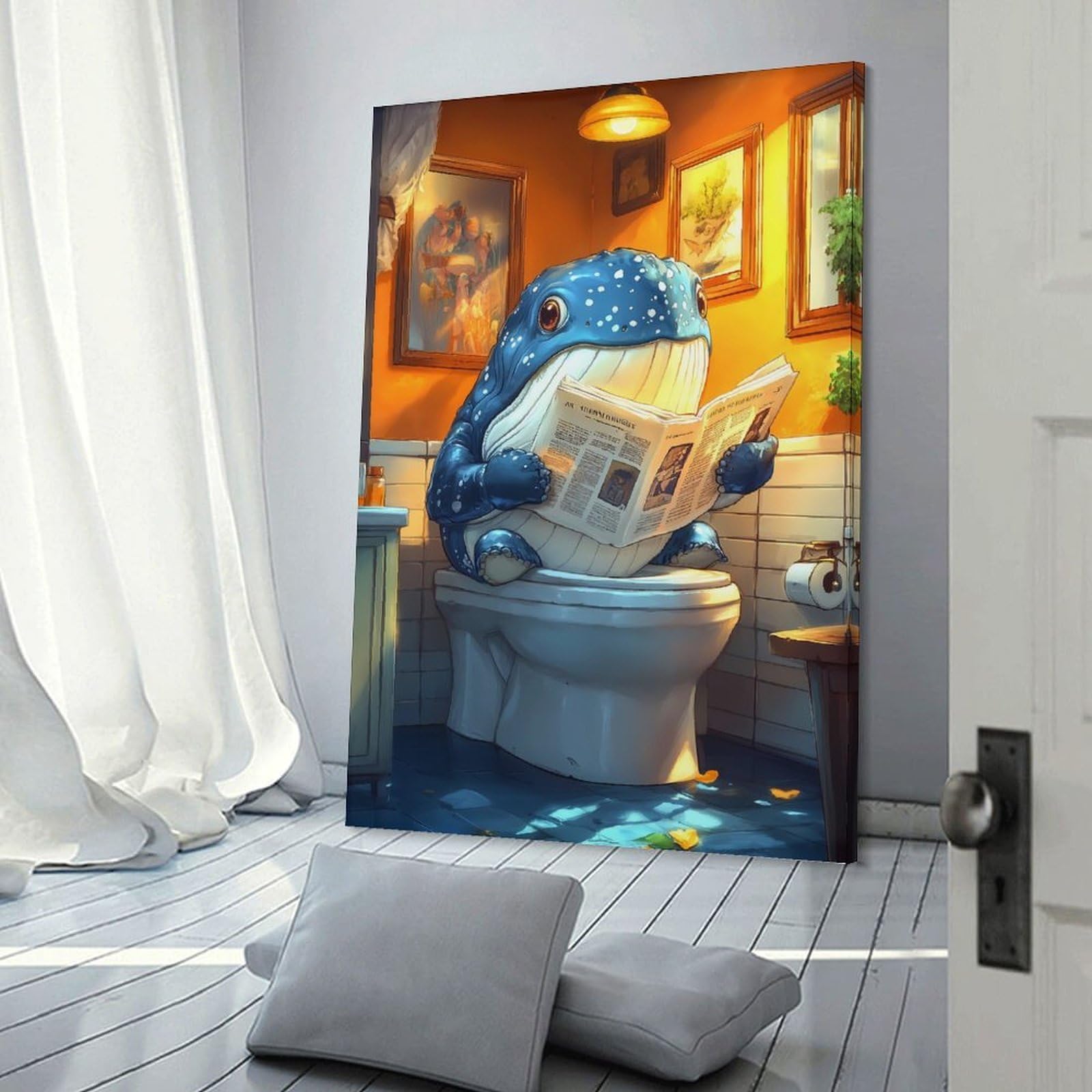 Junmoney Wall Decor Canvas Print Whale on The Toilet Funny, 12x18inch(30x45cm), for Home Lounge, Bedroom Or Reading Nook, Canvas Styling for A Polished Room Look