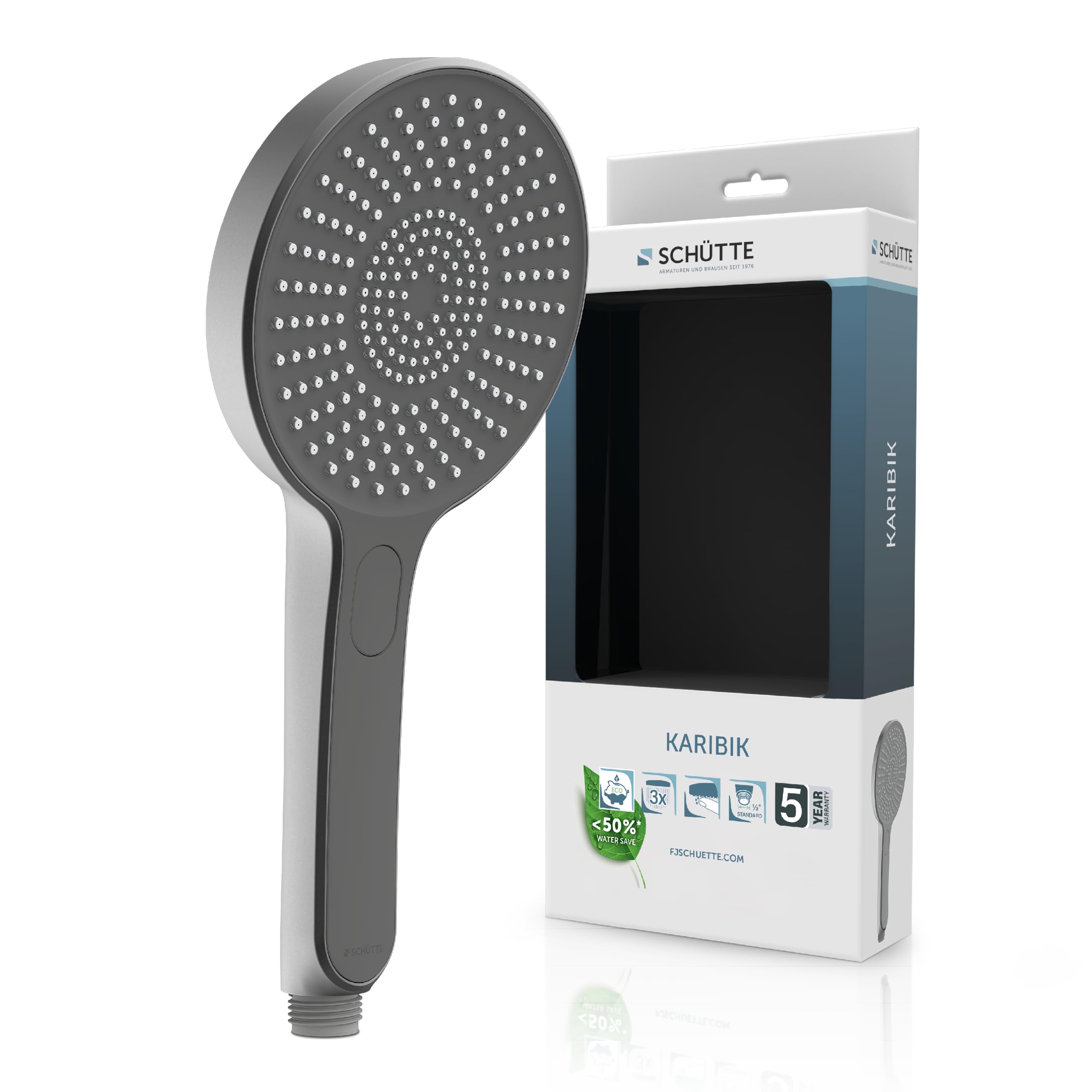 SCHÜTTE Alcachofa de ducha Karibic con puntos antical, cabezal de ducha con cómodo botón de presión y 3 tipos de chorro ajustables, cabezal antical para la ducha, grafito