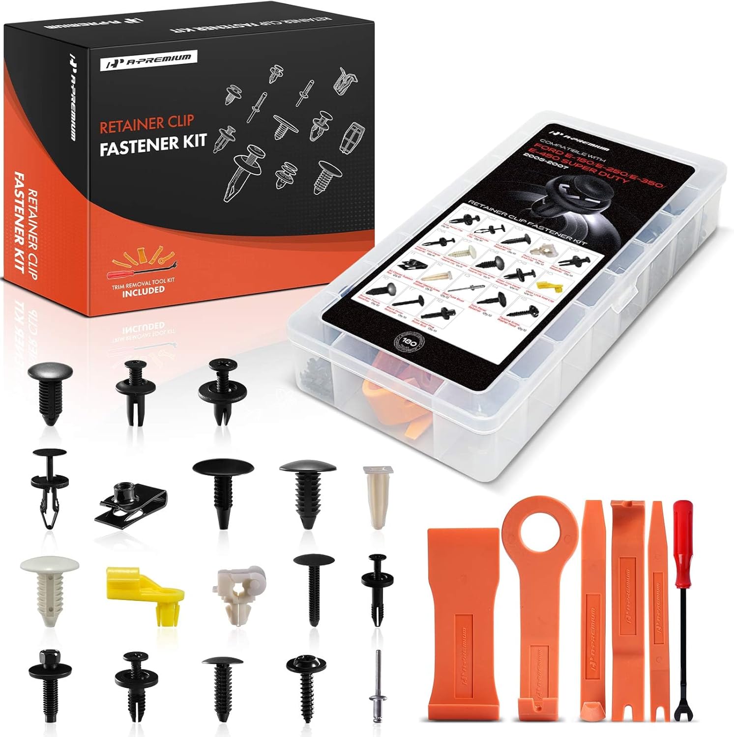 A-Premium 18 Sizes 48.16oz Bumper Fender Door Trim Retainer Clips Kit Compatible with Ford E-150/E-250/E-350/E-450 2005-2007 Mud Car 180PCS Plastic Rivets Fasteners Push Retainer Kit, w/Removal Tool