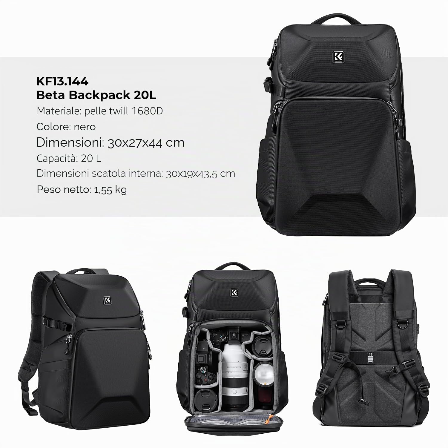 K&F CONCEPT Zaino Fotografico, impermeabile sacchetto della macchina fotografica Hardshell Caso anteriore con treppiede Holder & Laptop Compartment per DSLR obiettivo Accessori