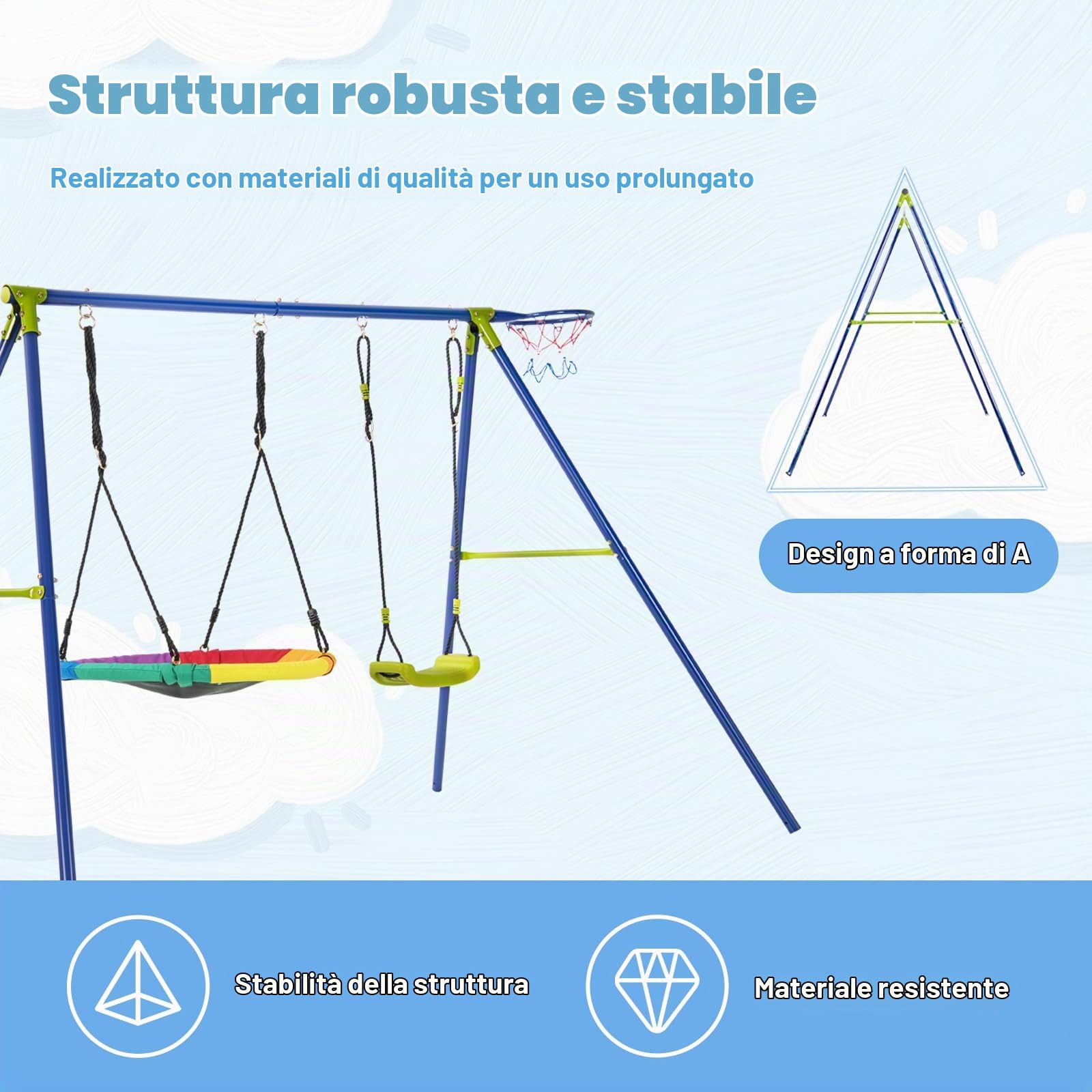 RELAX4LIFE 4 in 1 Altalena Doppia da Giardino con 2 Altalene (a Nido+Classica), Scivolo, Canestro Basket, Corde Regolabili e Struttura in Acciaio, Giochi per Bambini, Interno e Esterno
