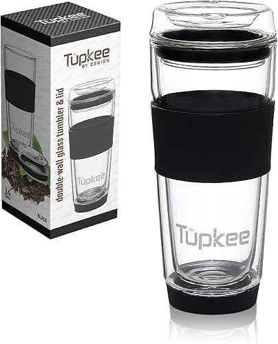 Miniatura 1 de Tupkee - Vaso de vidrio de doble pared aislado vidrio soplado a mano 14 onzas color negro ideal para té café o viaje