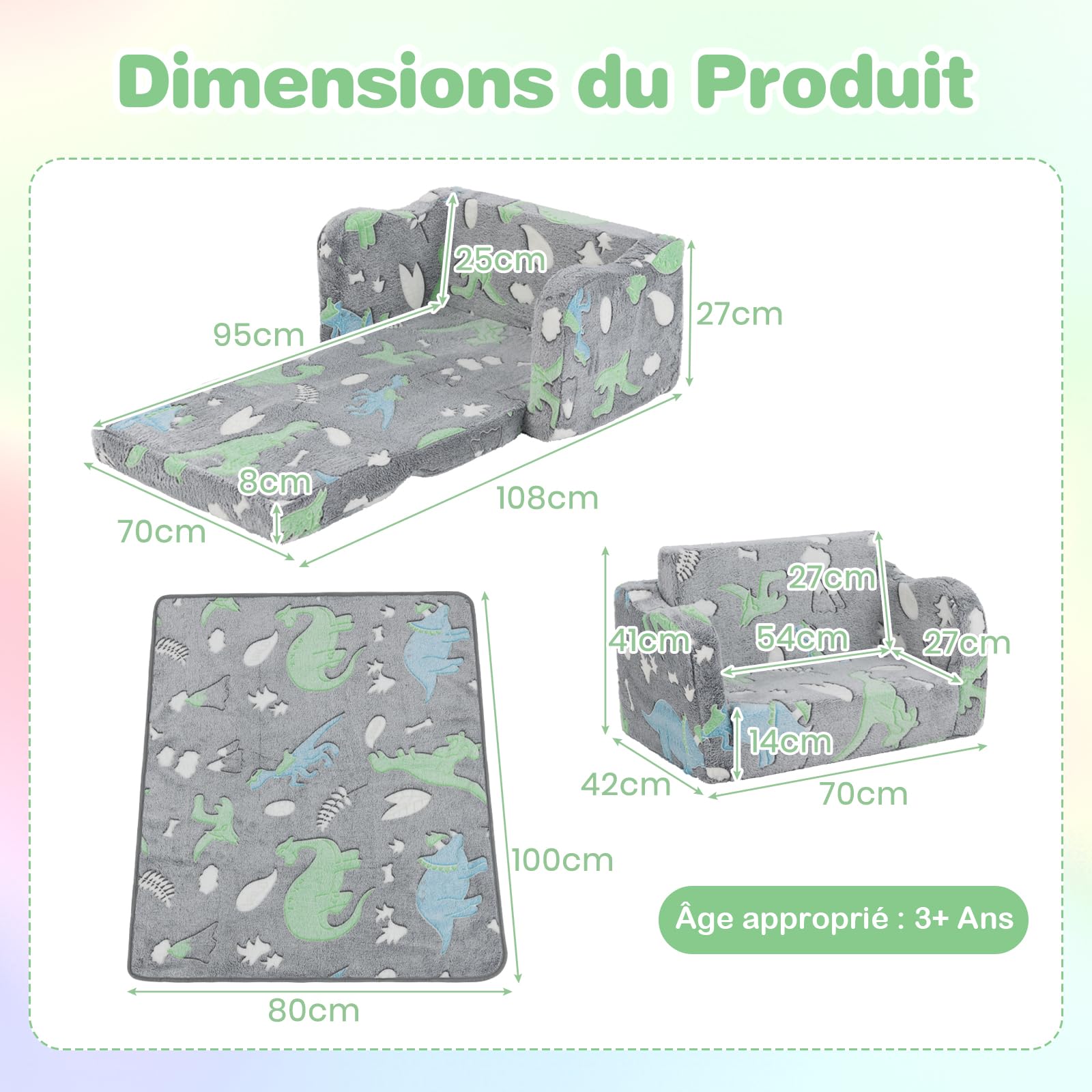 DREAMADE Canapé Enfants Brille dans Le Noir,2 en 1 Canapé Convertible Tout-Petits avec Couverture,Housse Amovible&Lavable en Machine,Fauteuil Pliable pour Garçons Filles 3+Ans (Gris+Dinosaure)